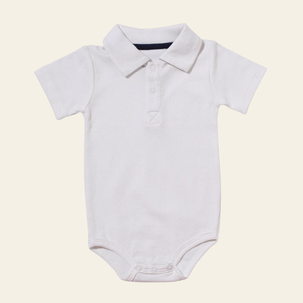 White baby onesie with collar on a white background