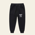 Black sweatpants with white text on a white background