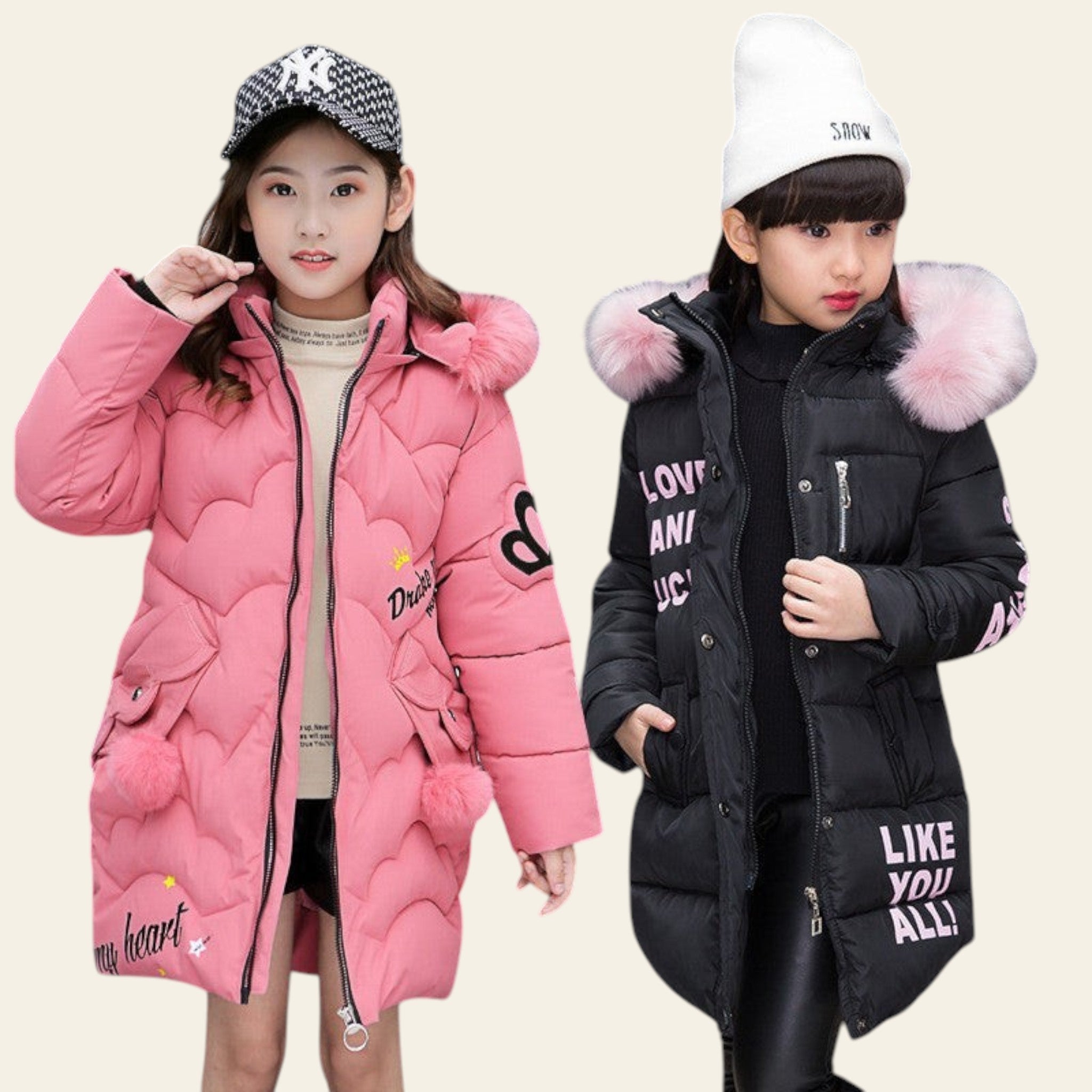 Two children wearing pink and black puffer jackets with fur-lined hoods against a gray background.