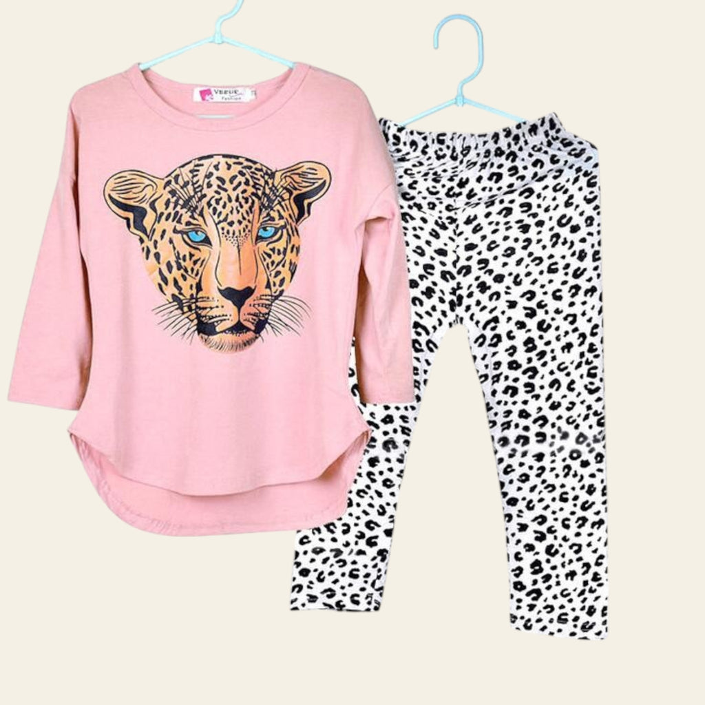 Pink sweatshirt with leopard design and leopard print pants on hangers against a white background