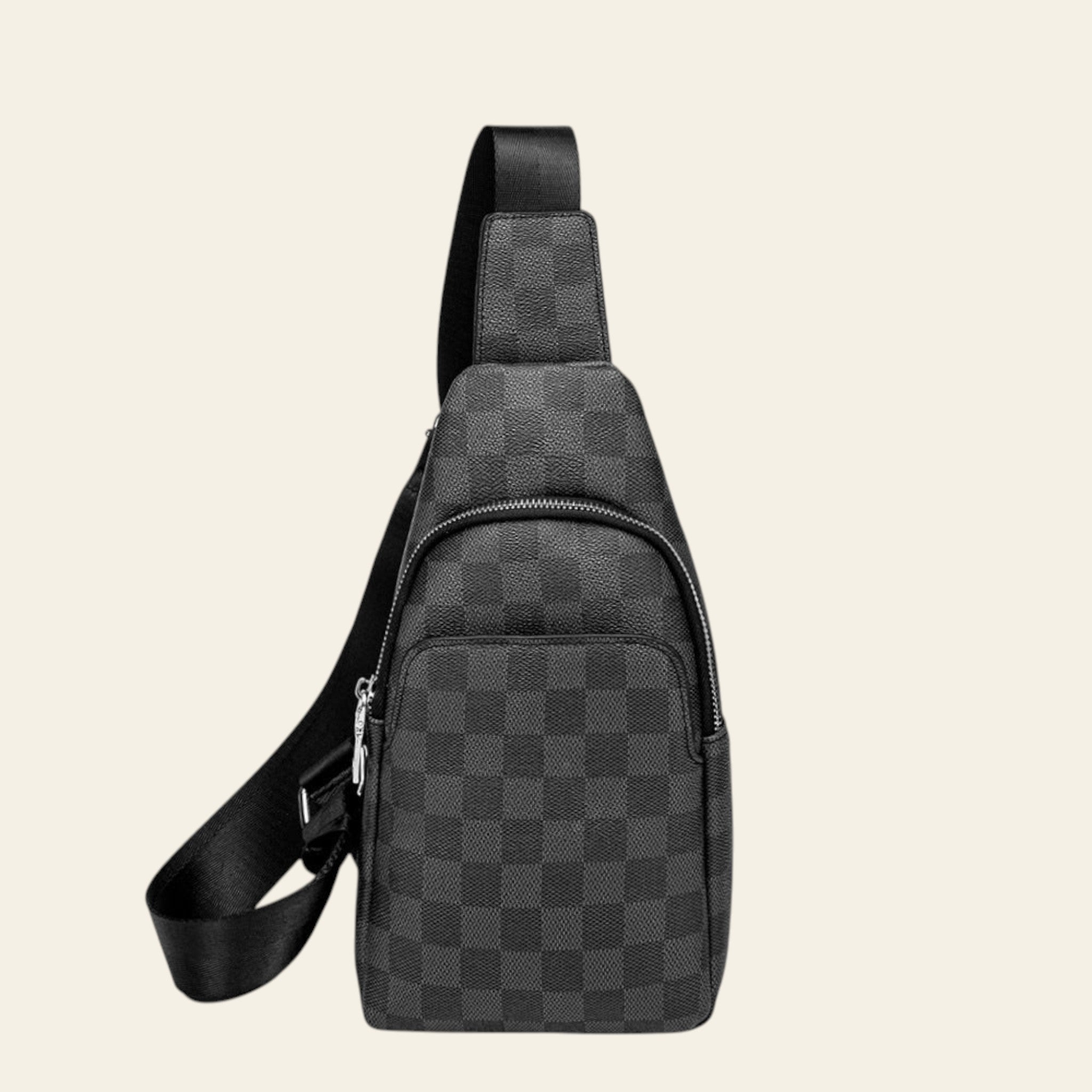 Gray checkered sling bag on a white background