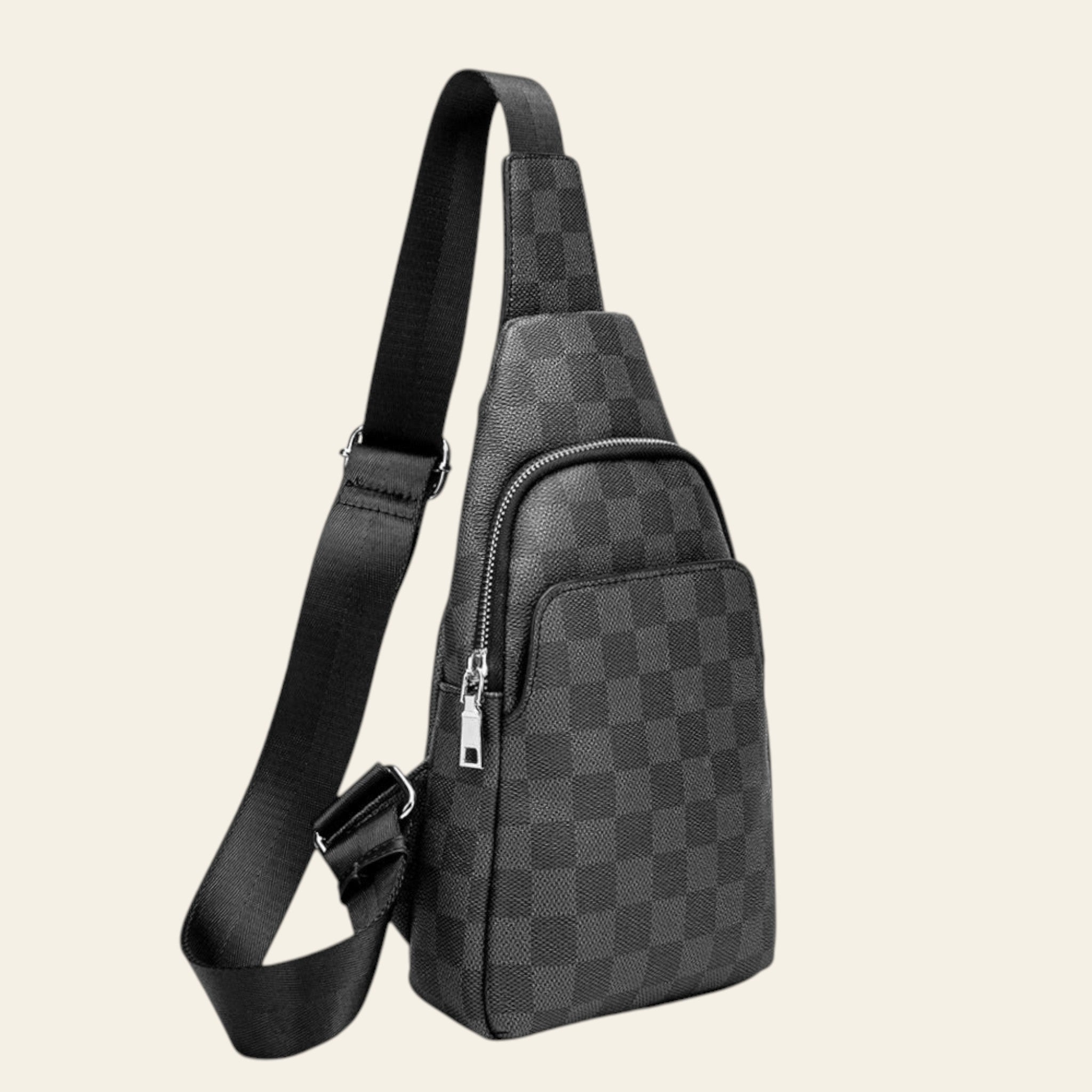 Black checkered sling bag on a white background