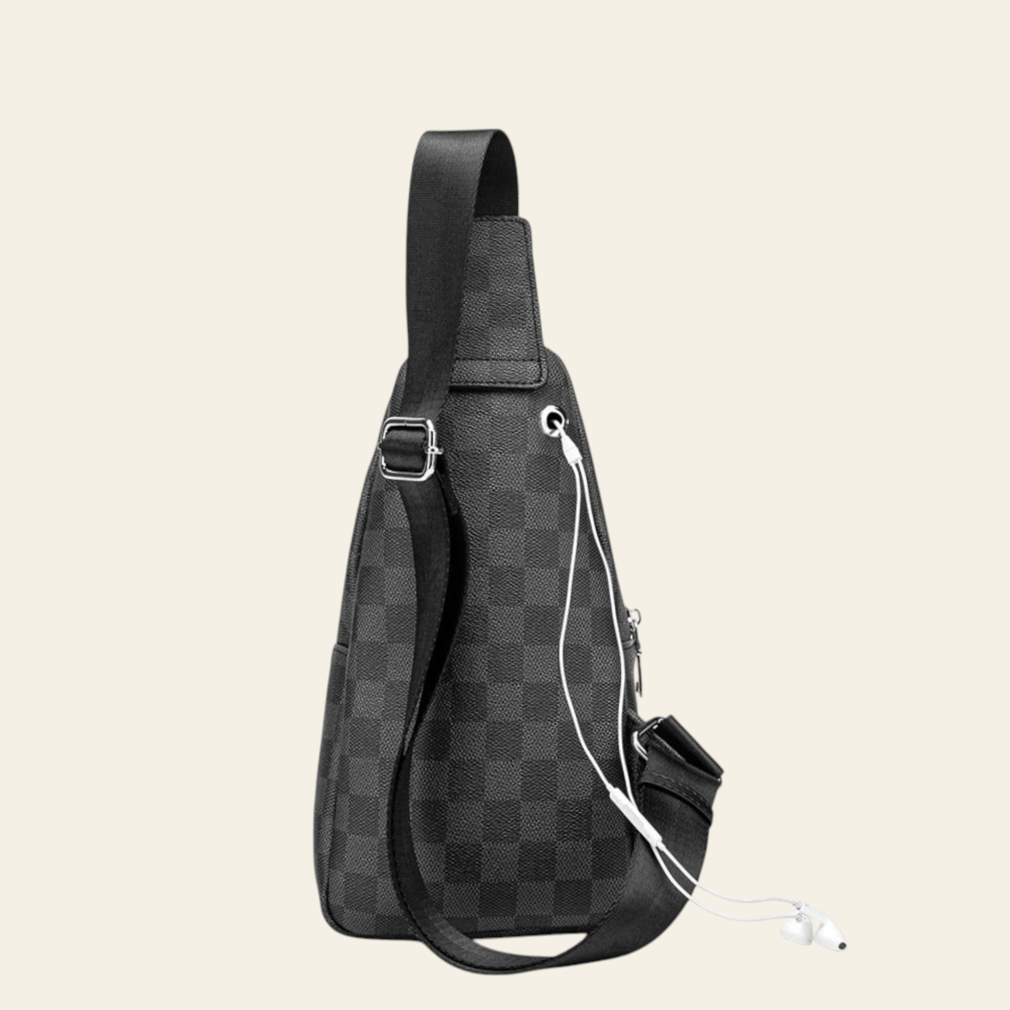 Black checkered sling bag with a white background