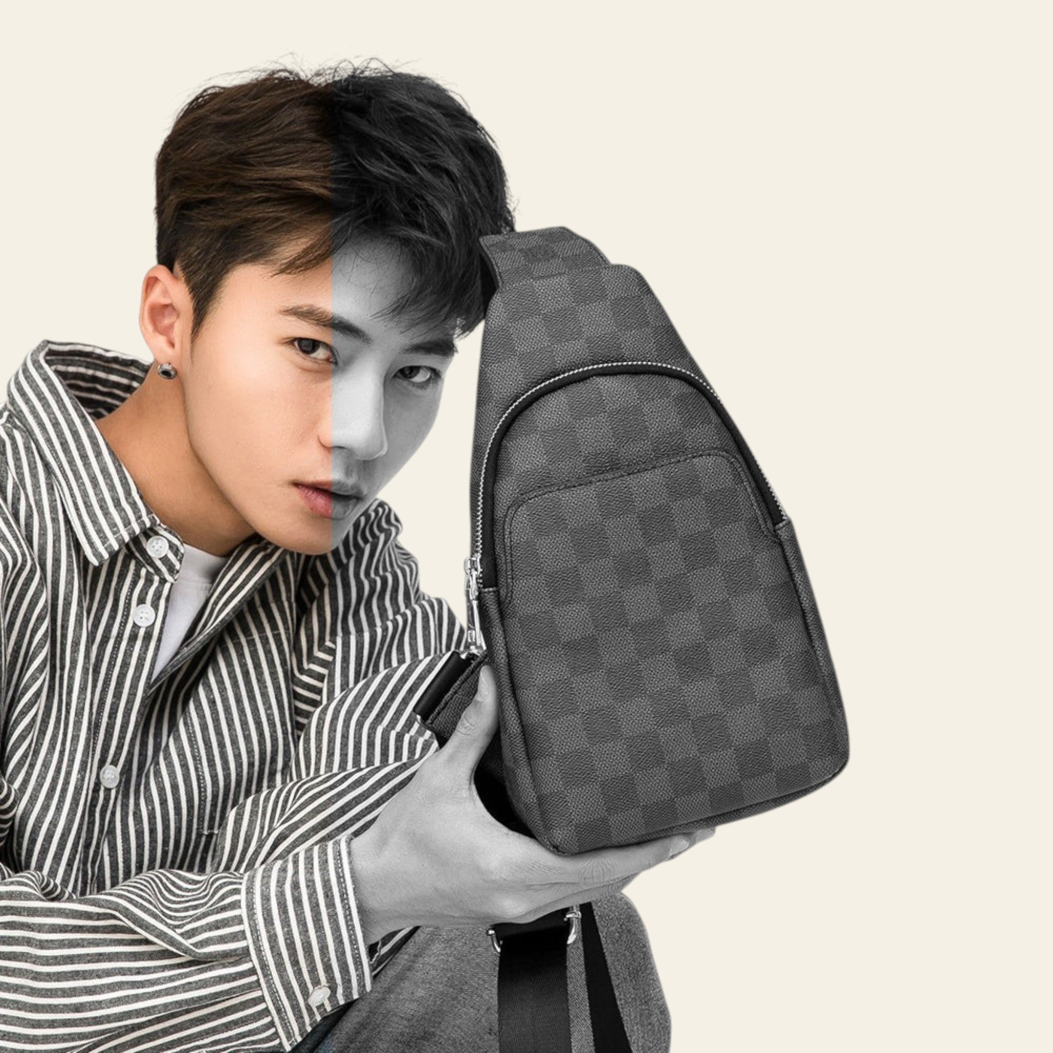 Person holding a gray checkered sling bag against a white background