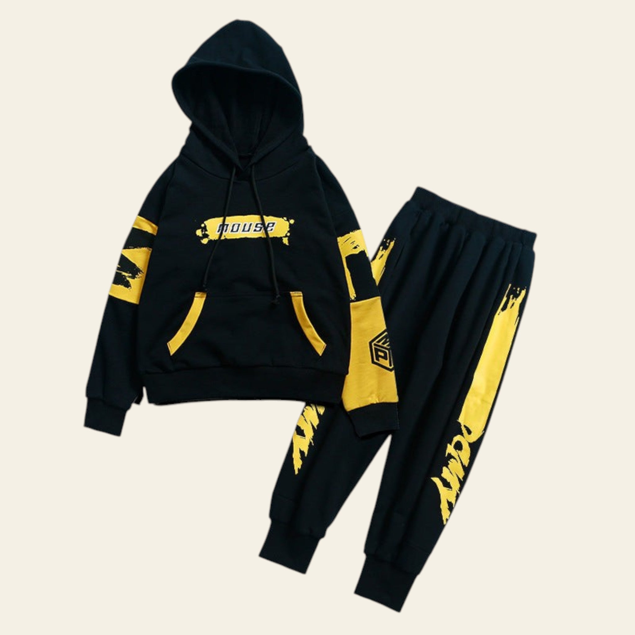 Black and yellow hoodie and pants set on a white background