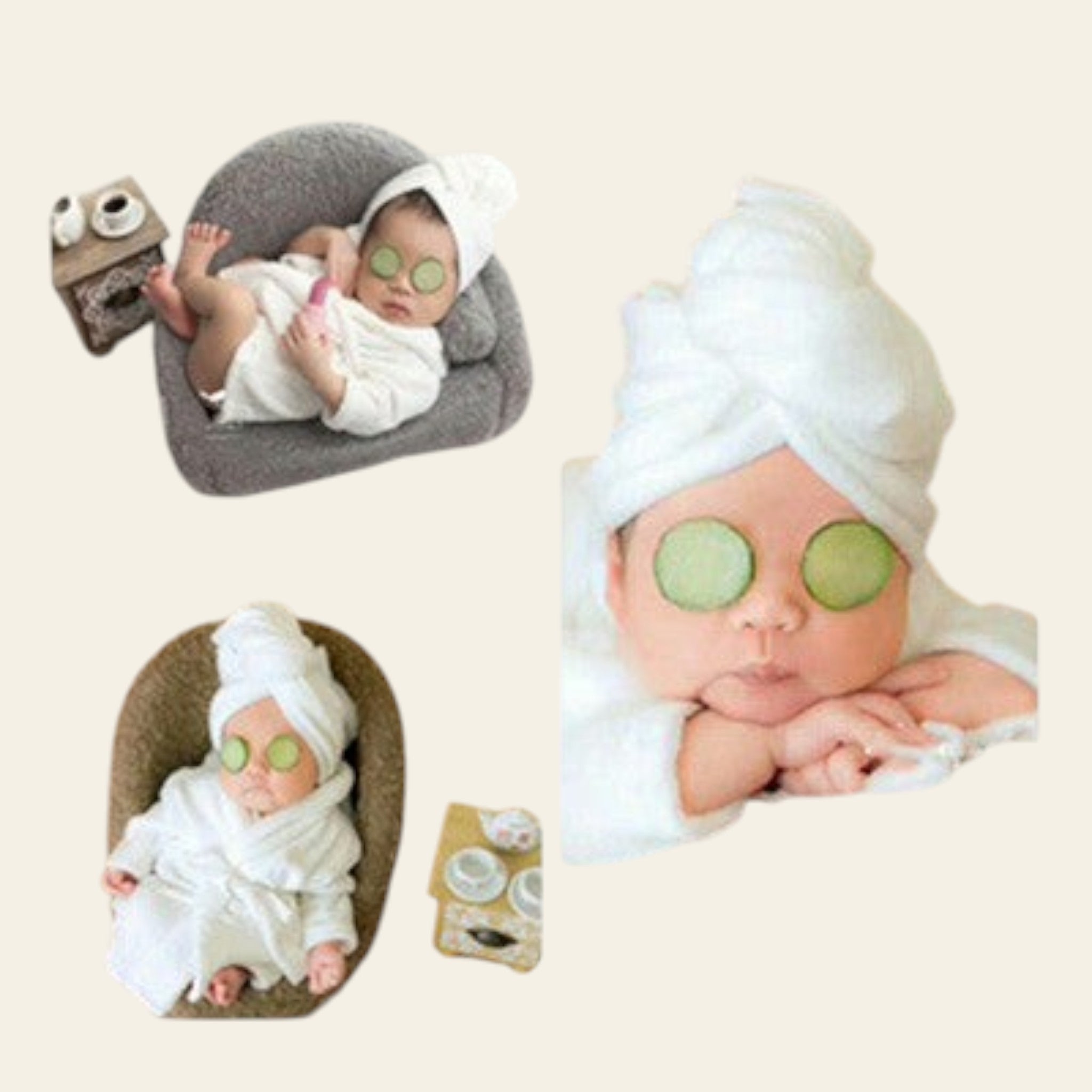 Collage of a baby in various poses with eye masks and towels.
