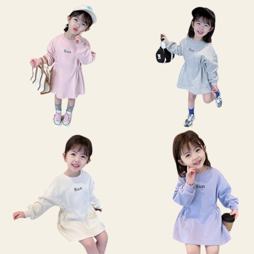 Collage of a young girl wearing different colored dresses with 'Sun' printed on them.