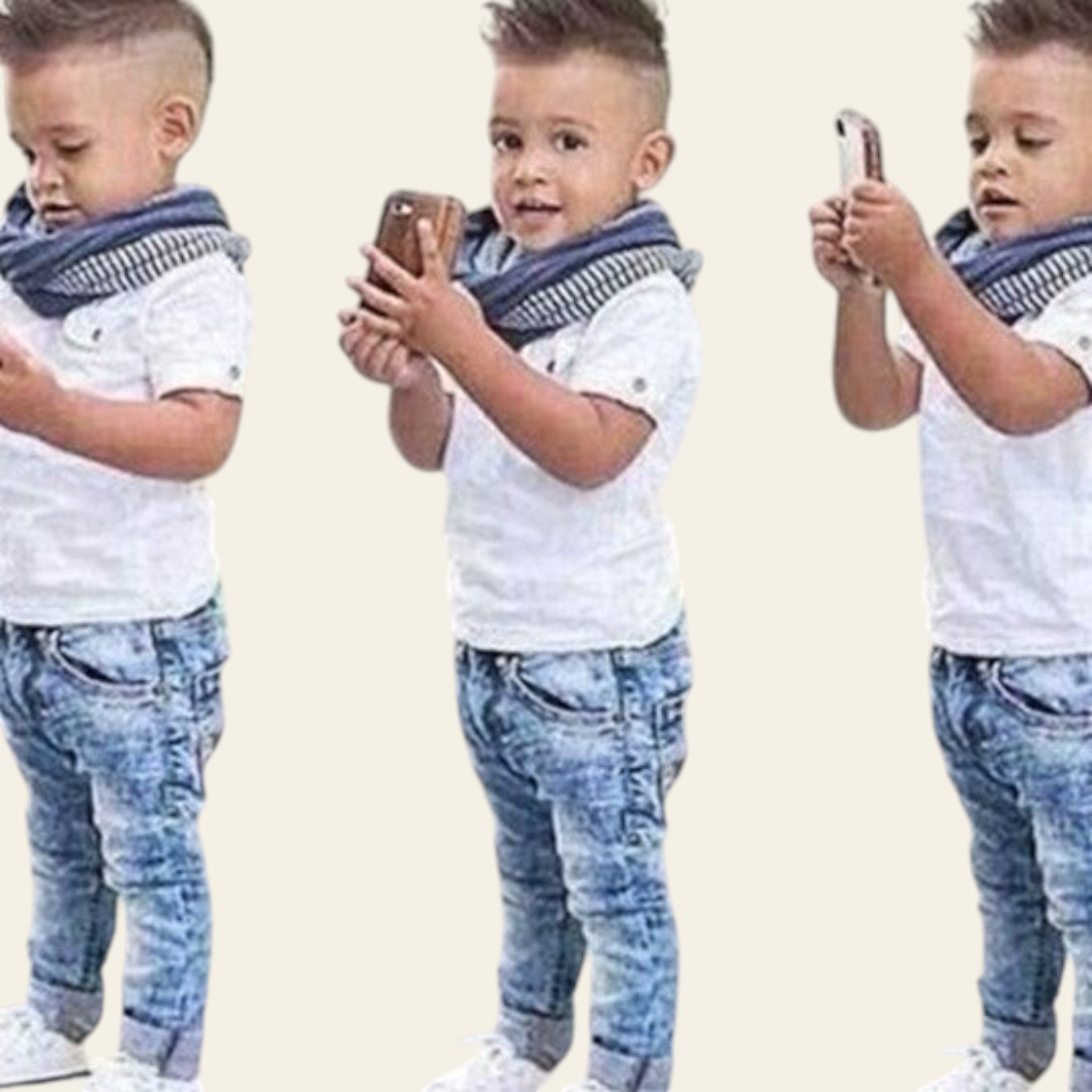 Three images of a child wearing a white shirt, blue jeans, and a striped scarf.
