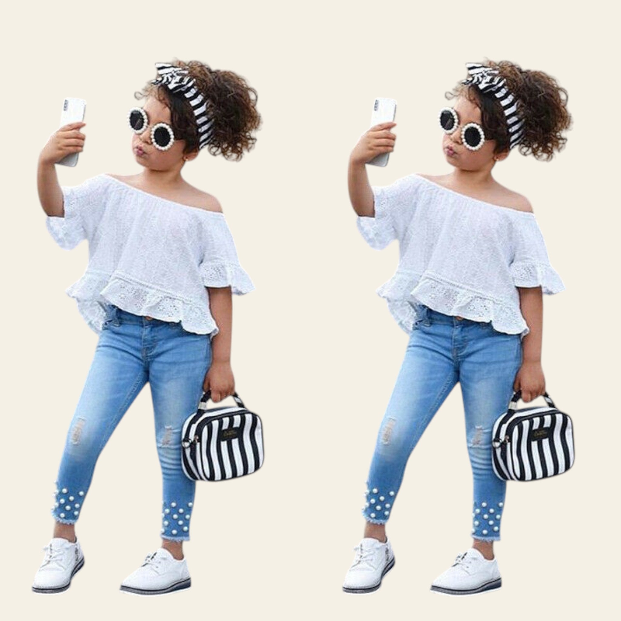 Two images of a young girl taking a selfie on a street, wearing a white off-shoulder top, blue jeans, and polka dot shoes.
