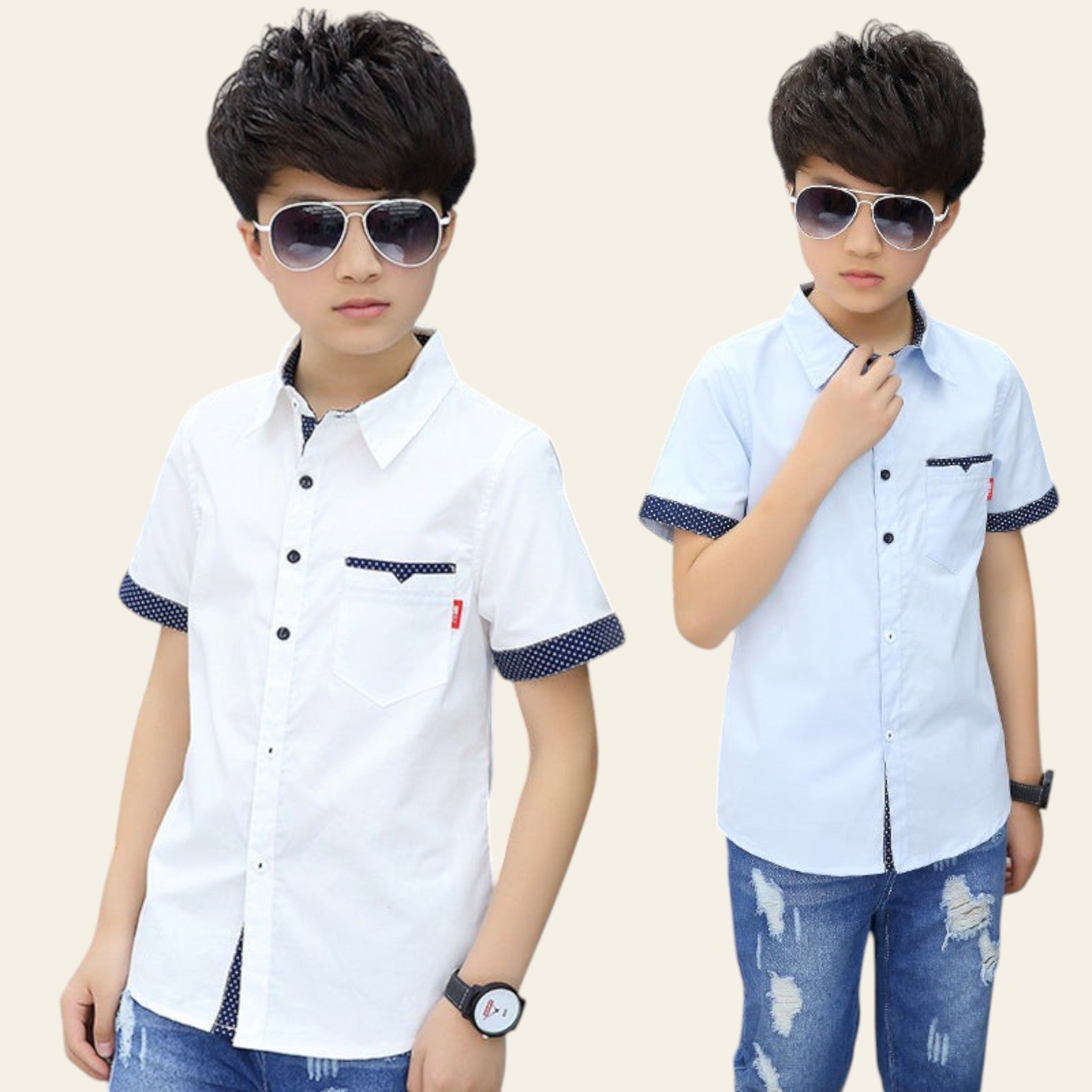 Two children wearing matching white shirts with blue accents and jeans, standing in front of a grid-patterned wall.
