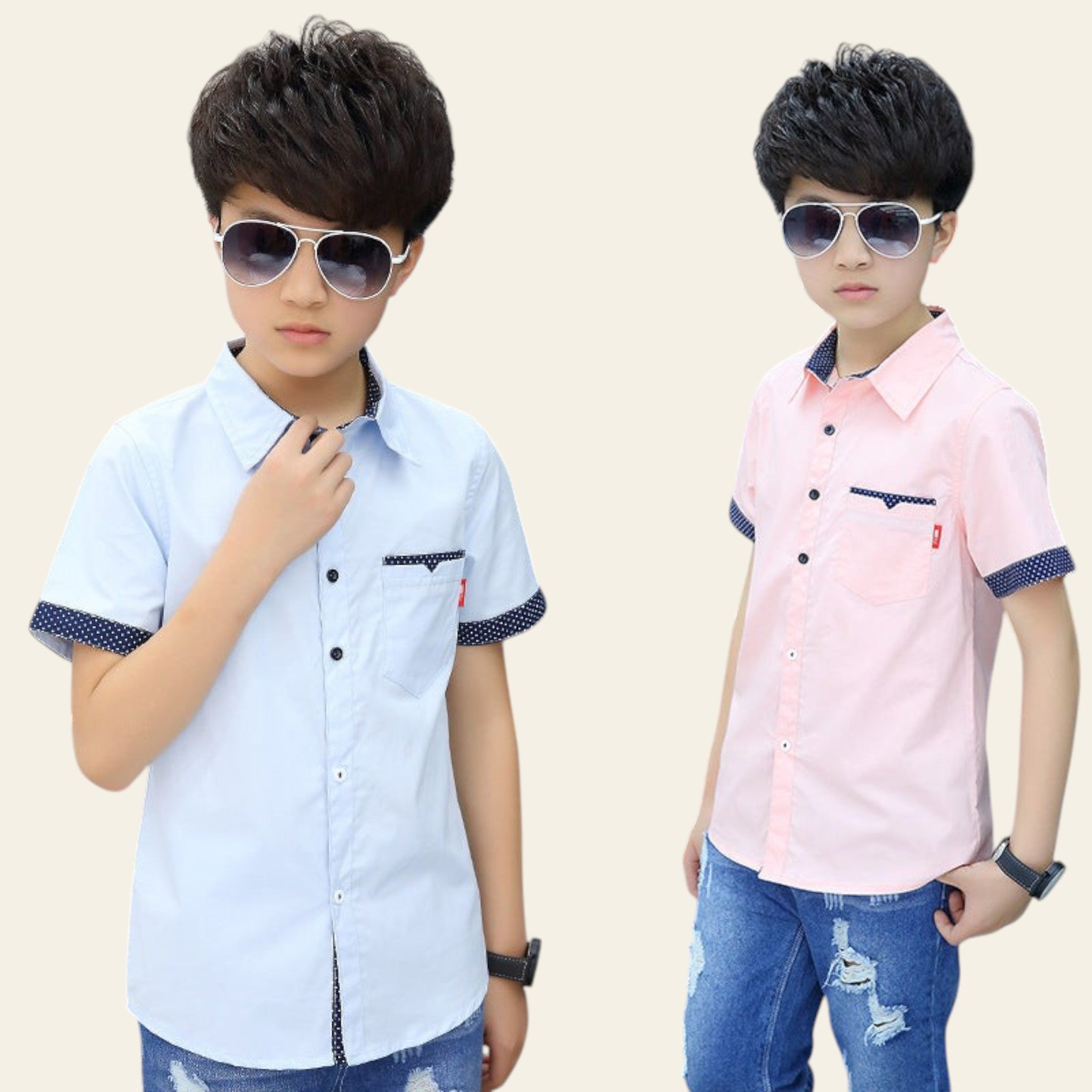 Two young boys wearing sunglasses and casual shirts outdoors.