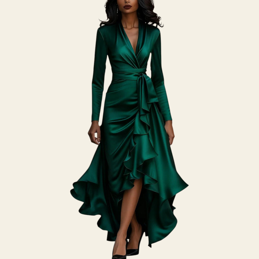 Woman wearing a green satin V-neck ruffled hem dress walking on a city street