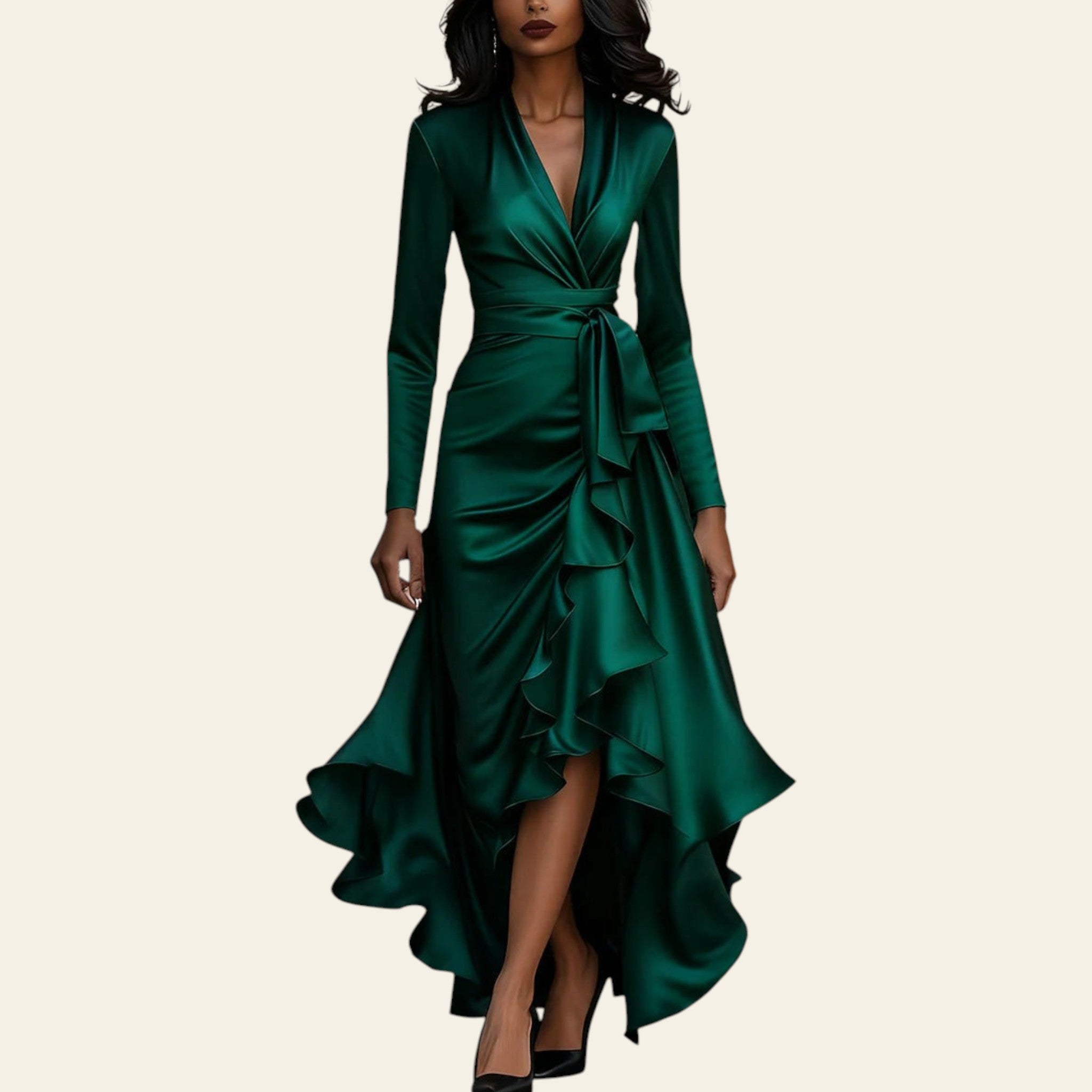 Woman wearing a green satin V-neck ruffled hem dress walking on a city street