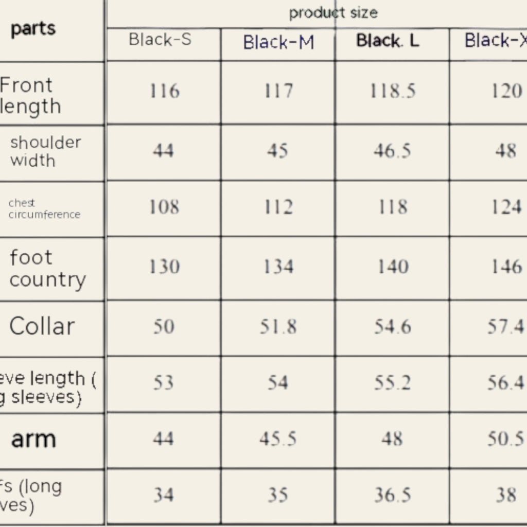 Table showing size chart for black clothing with measurements in centimeters.