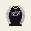 Black and gray baseball shirt with 'Purpose Tour' text on a white background