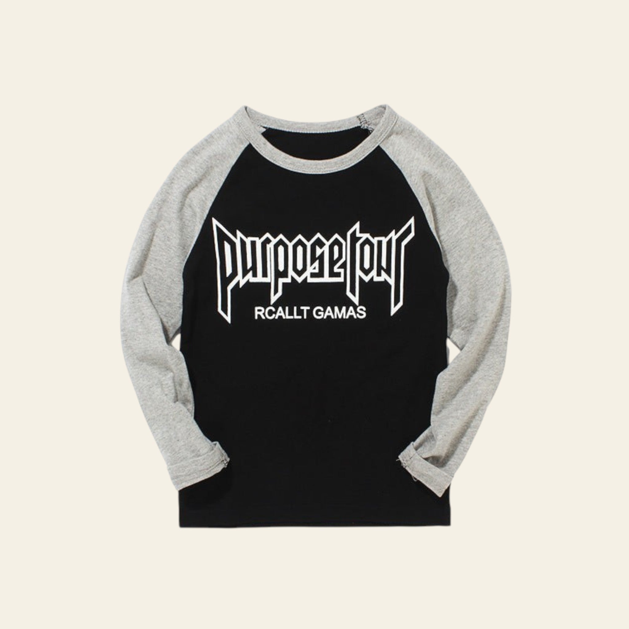 Black and gray baseball shirt with 'Purpose Tour' text on a white background