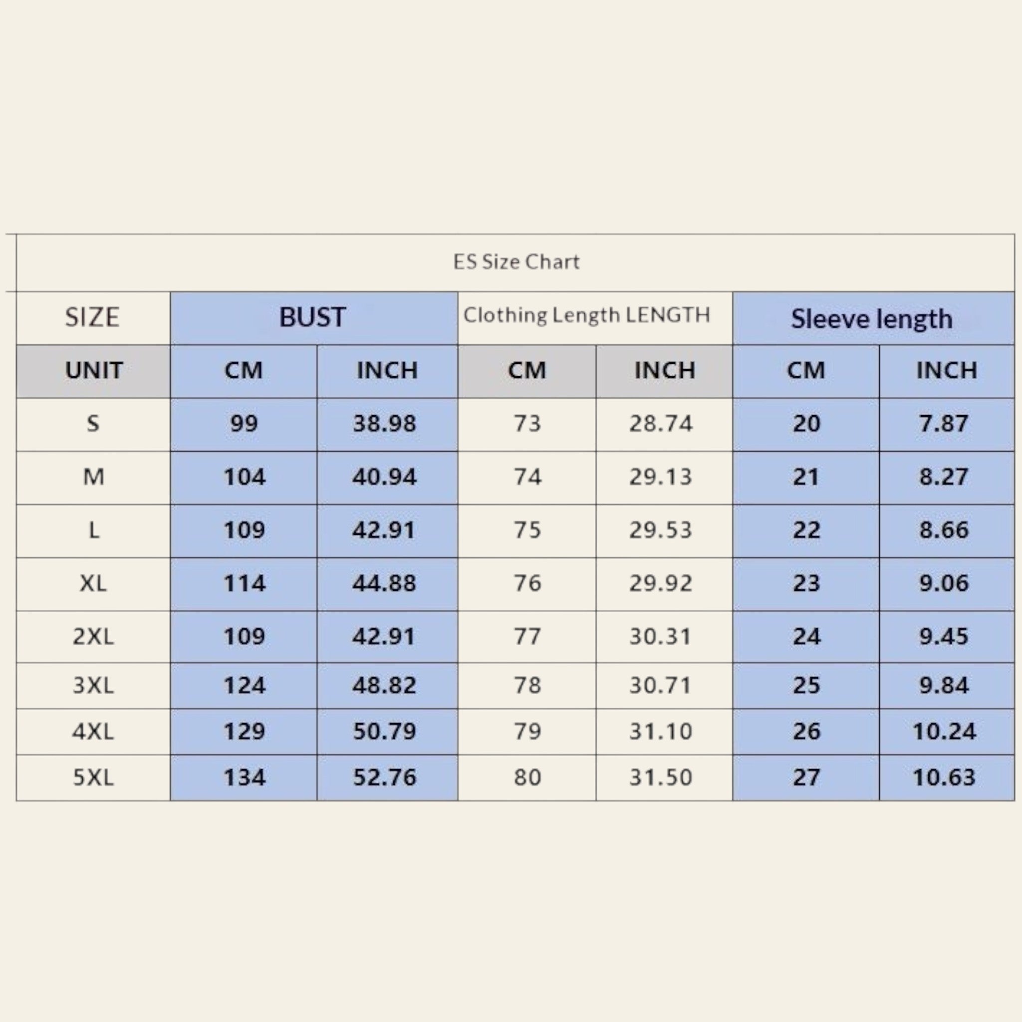 Men's shirt size chat showing bust, length, and sleeve measurements from S to 5XL