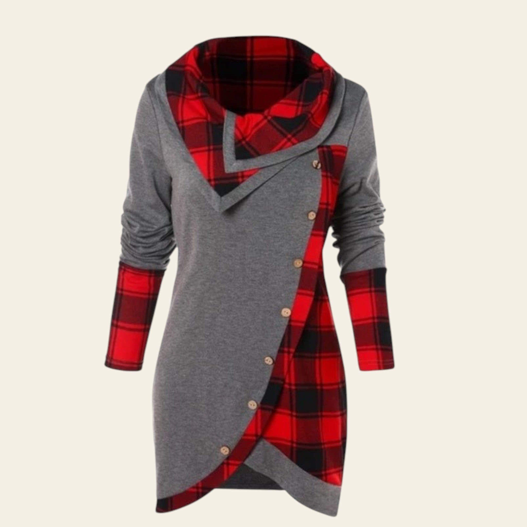 Gray and red plaid dress with a hood on a white background