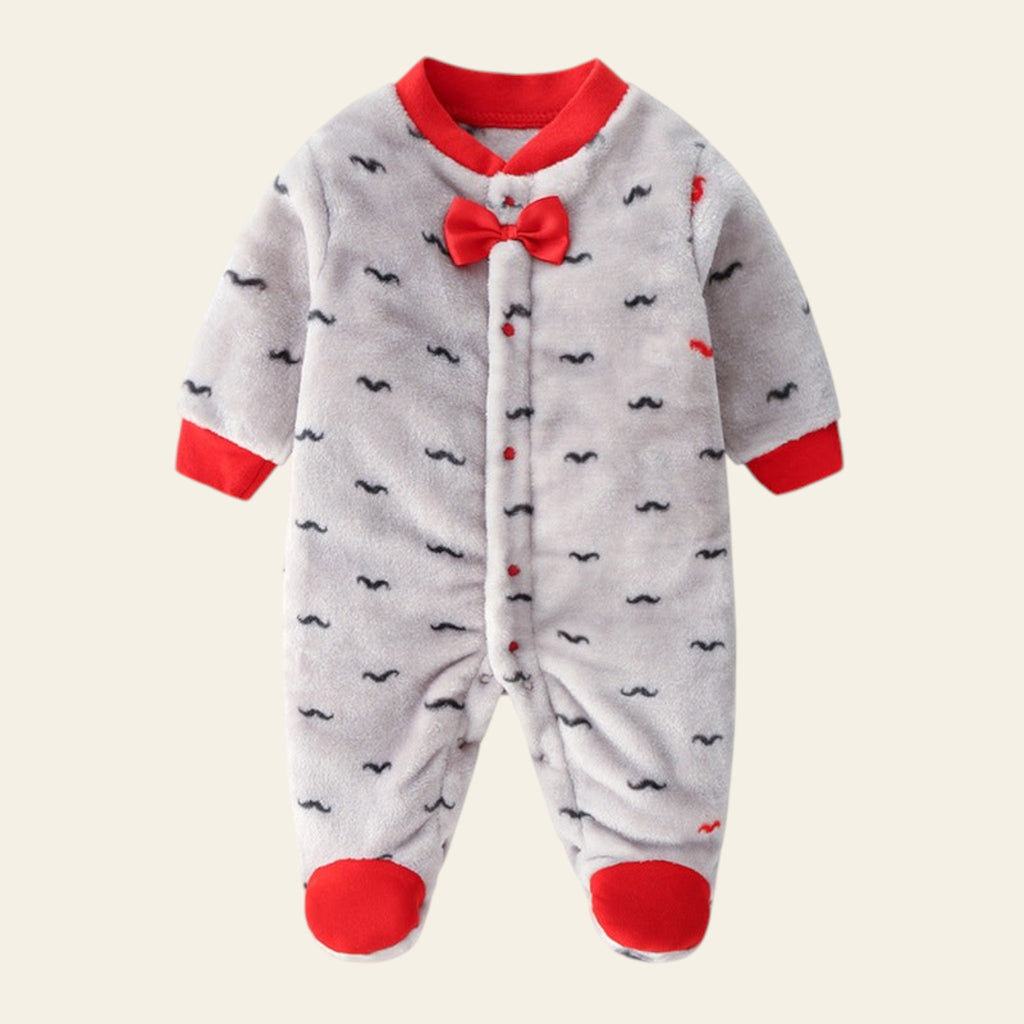 Gray baby onesie with red accents and mustache pattern on a white background