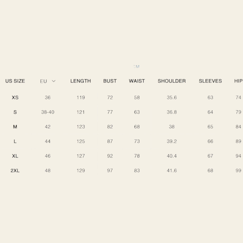 Women's dress size chart with US and EU sizes including length, bust, waist, shoulder, sleeve, and hip measurements in CM