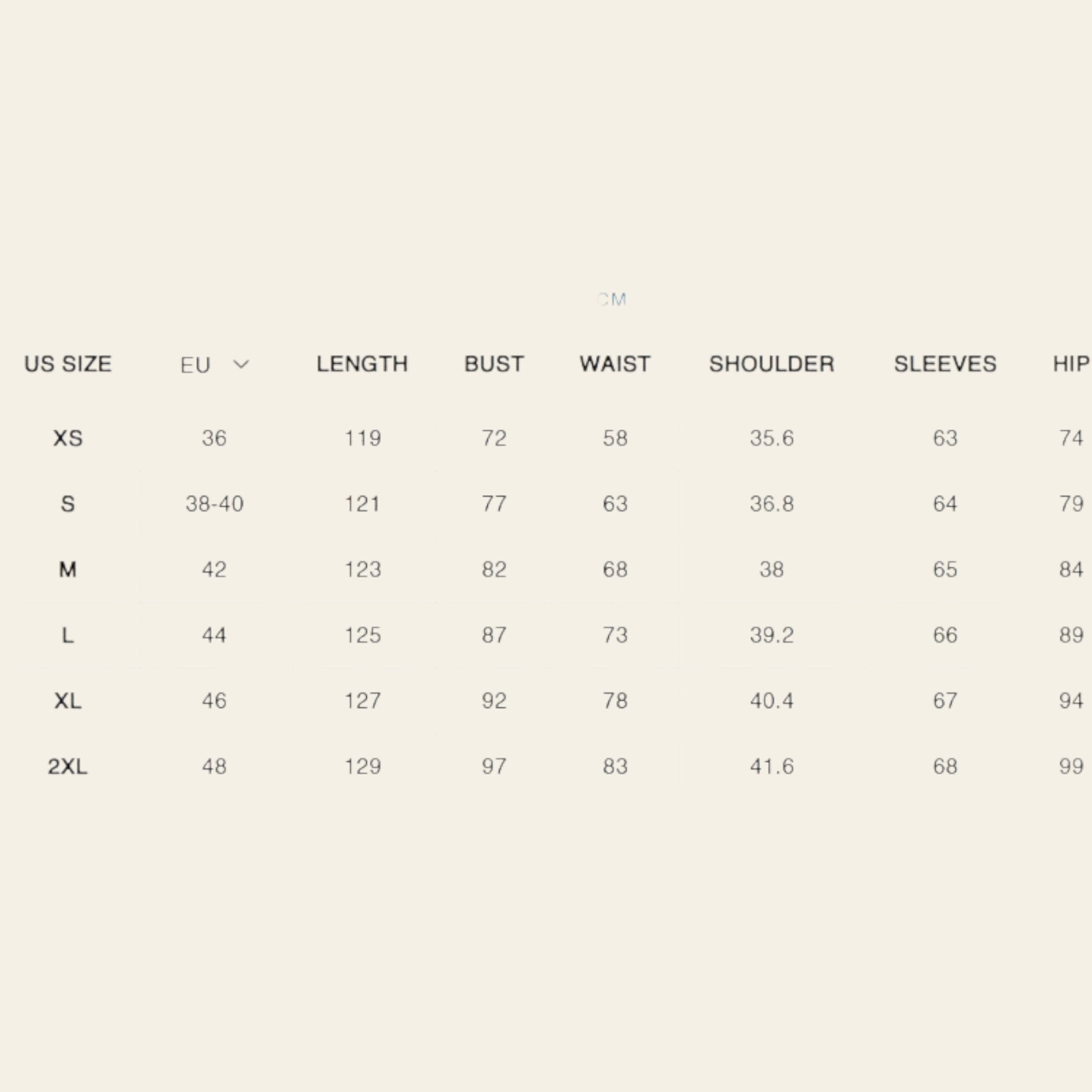 Women's dress size chart with US and EU sizes including length, bust, waist, shoulder, sleeve, and hip measurements in CM