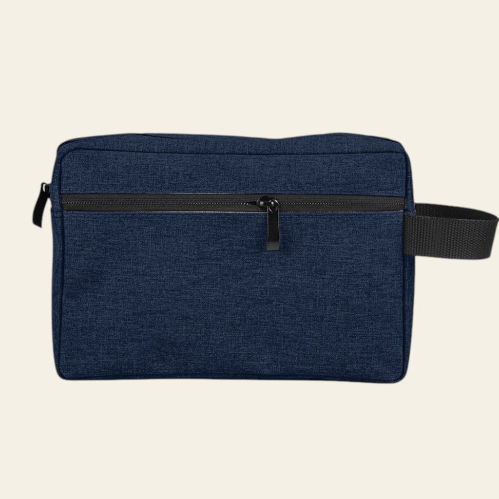 Blue pouch with a black zipper on a white background