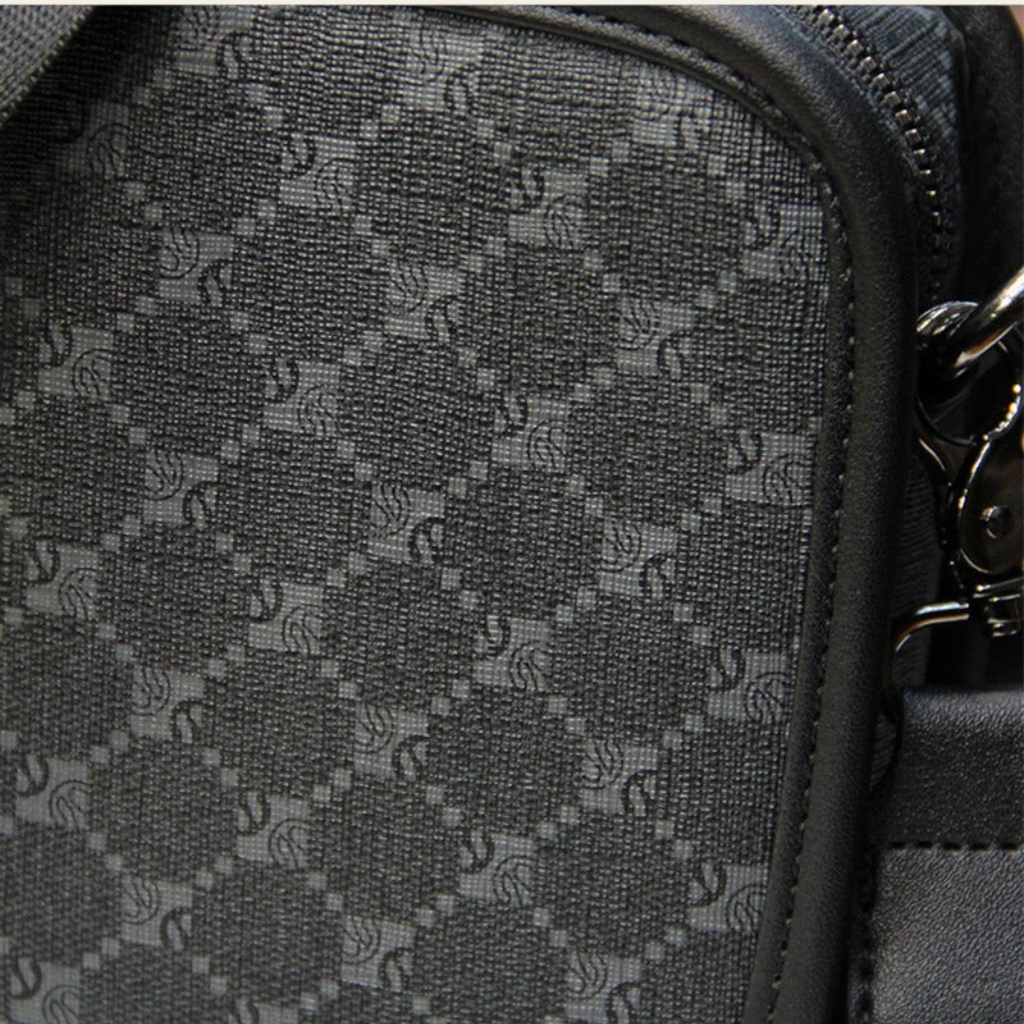 Close-up of a textured black bag with a patterned surface