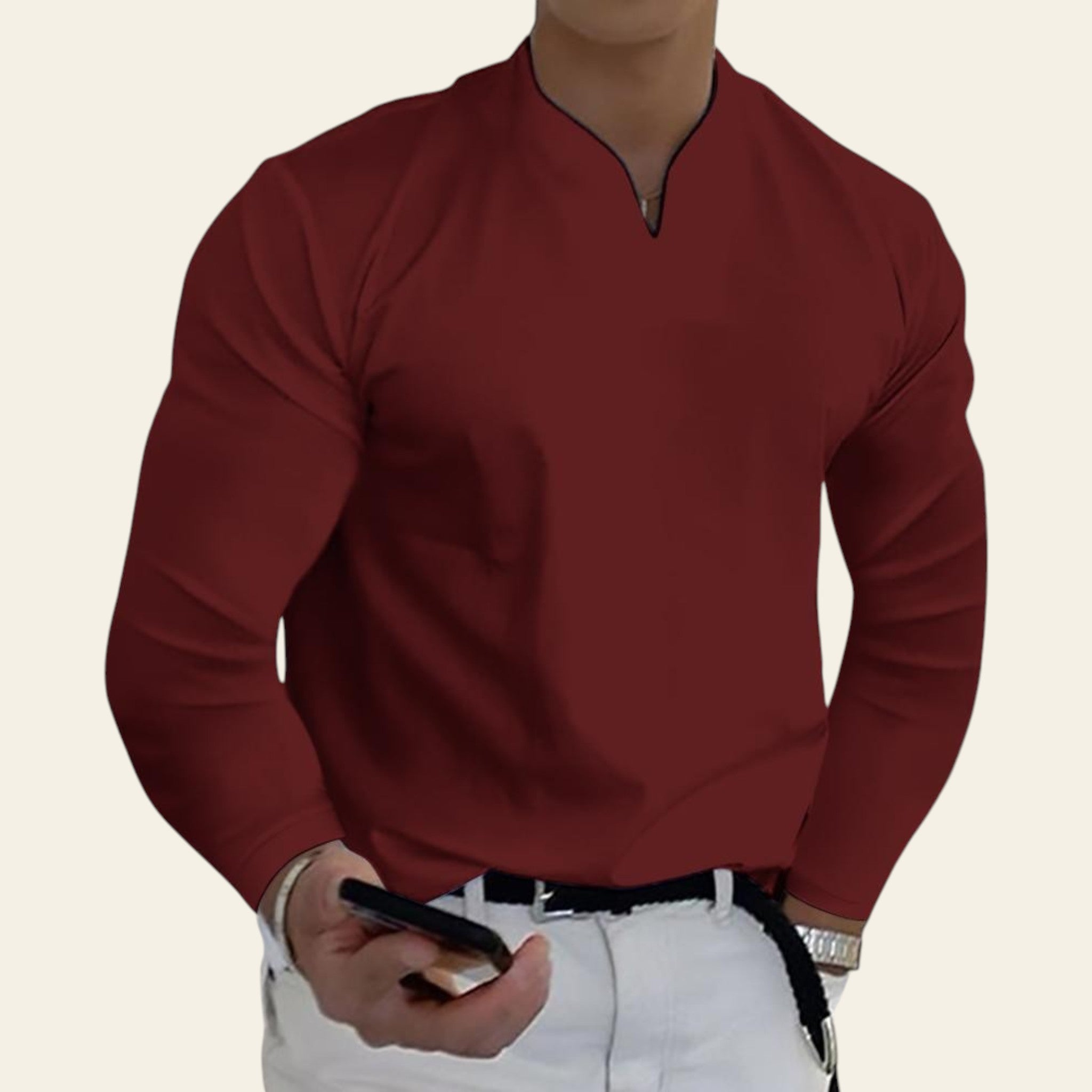 Man wearing a wine red V-neck long sleeve breathable T-shirt