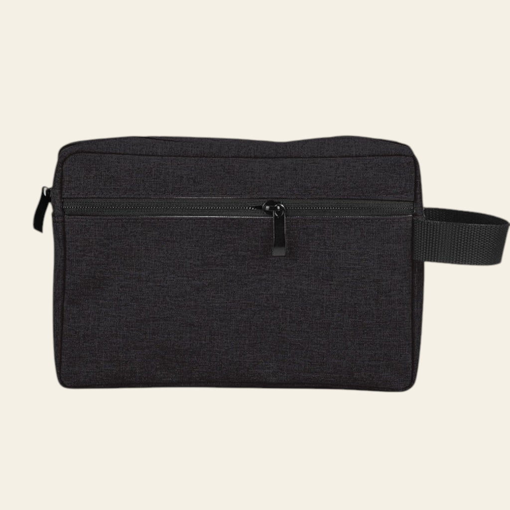 Black waist bag with a strap on a white background