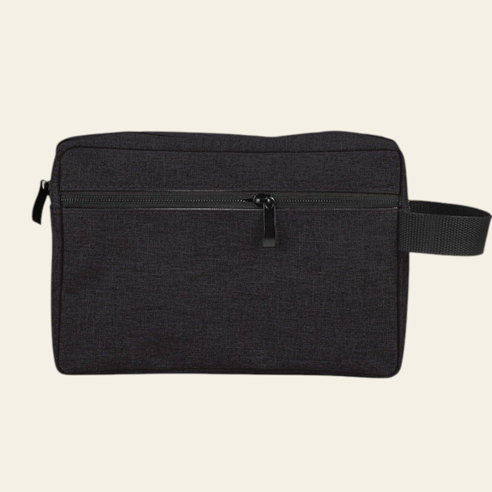 Black waist bag with a strap on a white background