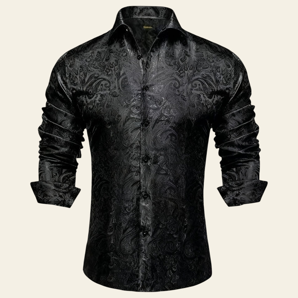 Black patterned shirt on a white background