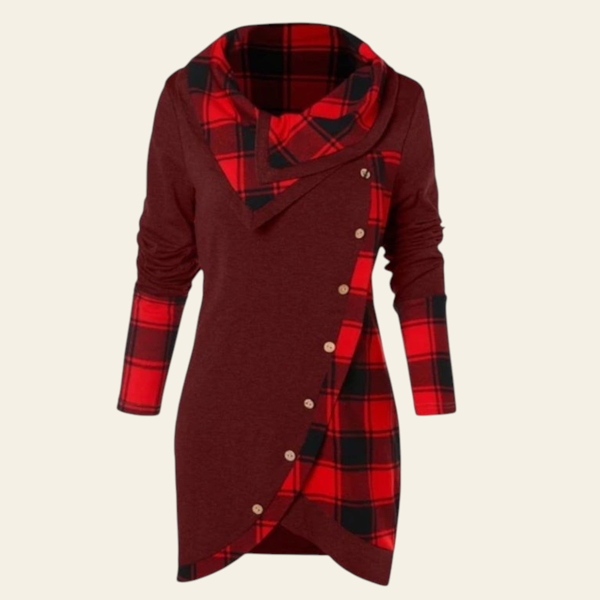 Red and black plaid dress with buttons on a white background