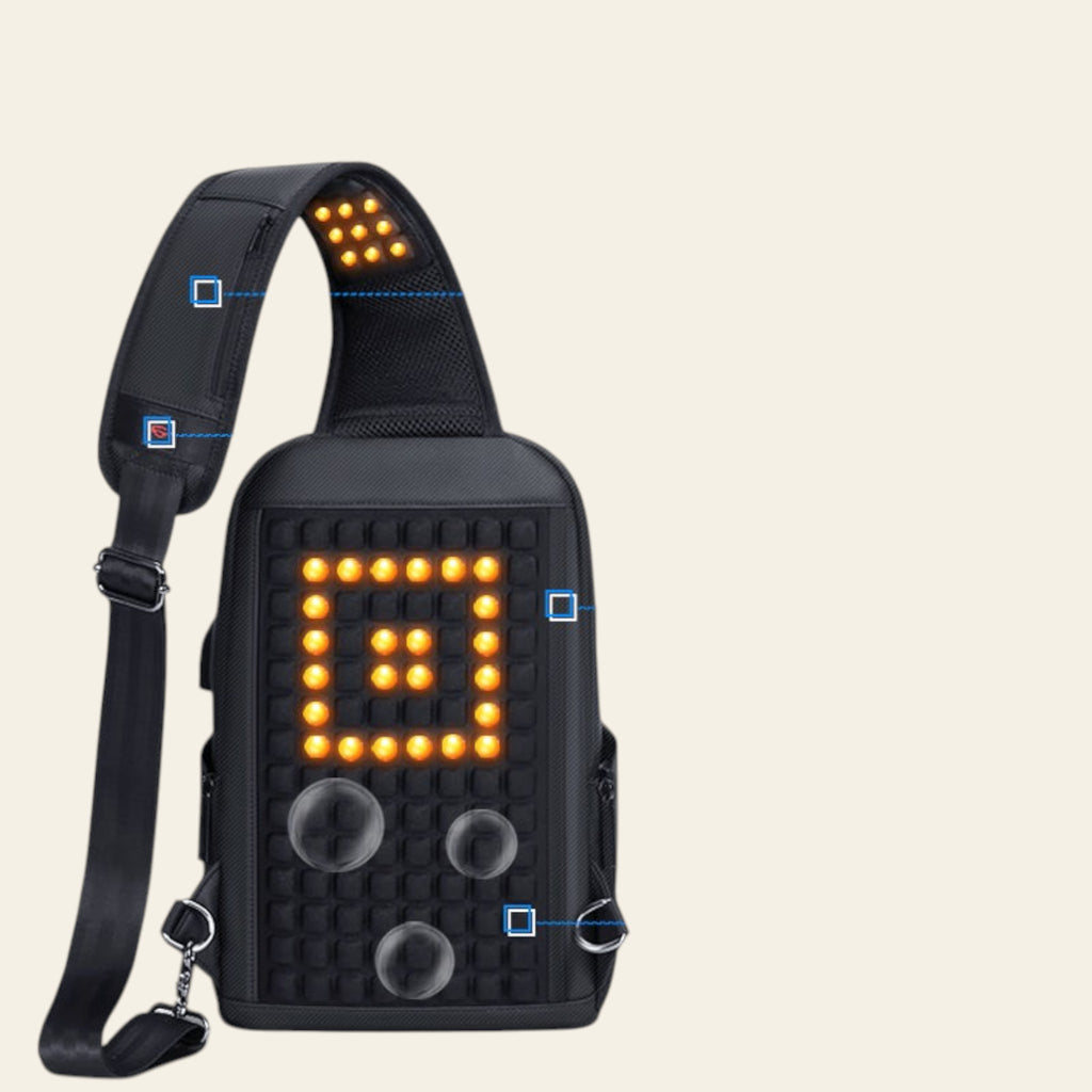 Black crossbody bag with LED display and keychain holder on a gray background