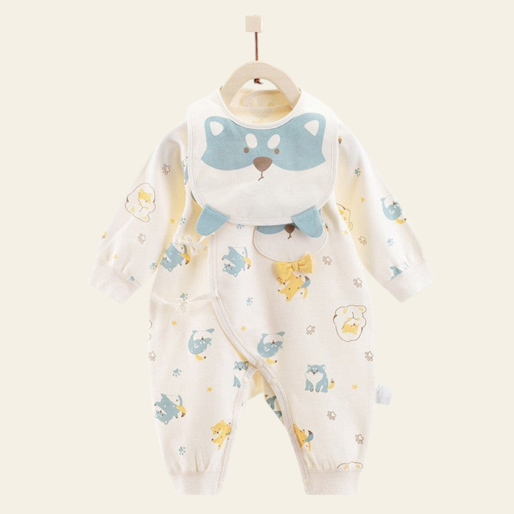 Baby onesie with cartoon designs on a white background