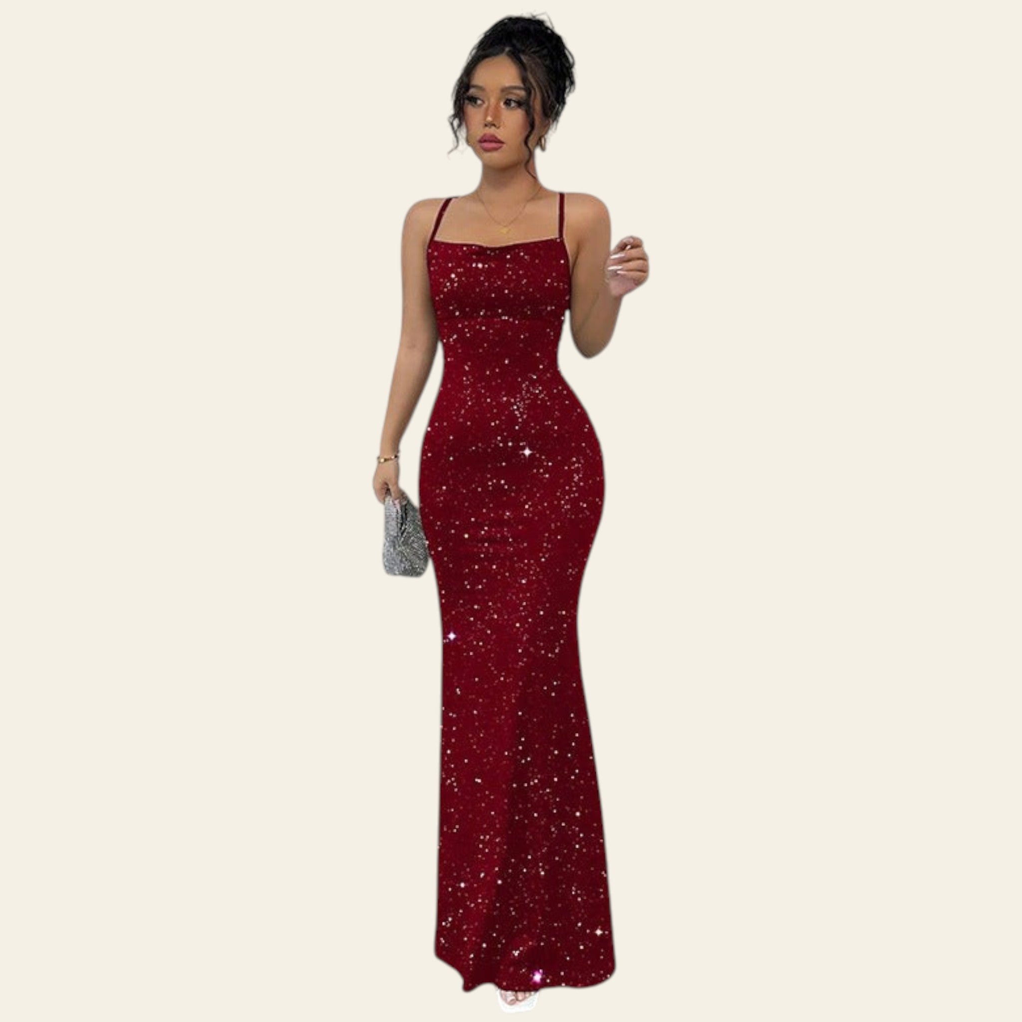 Woman wearing a red backless sequin maxi slip dress