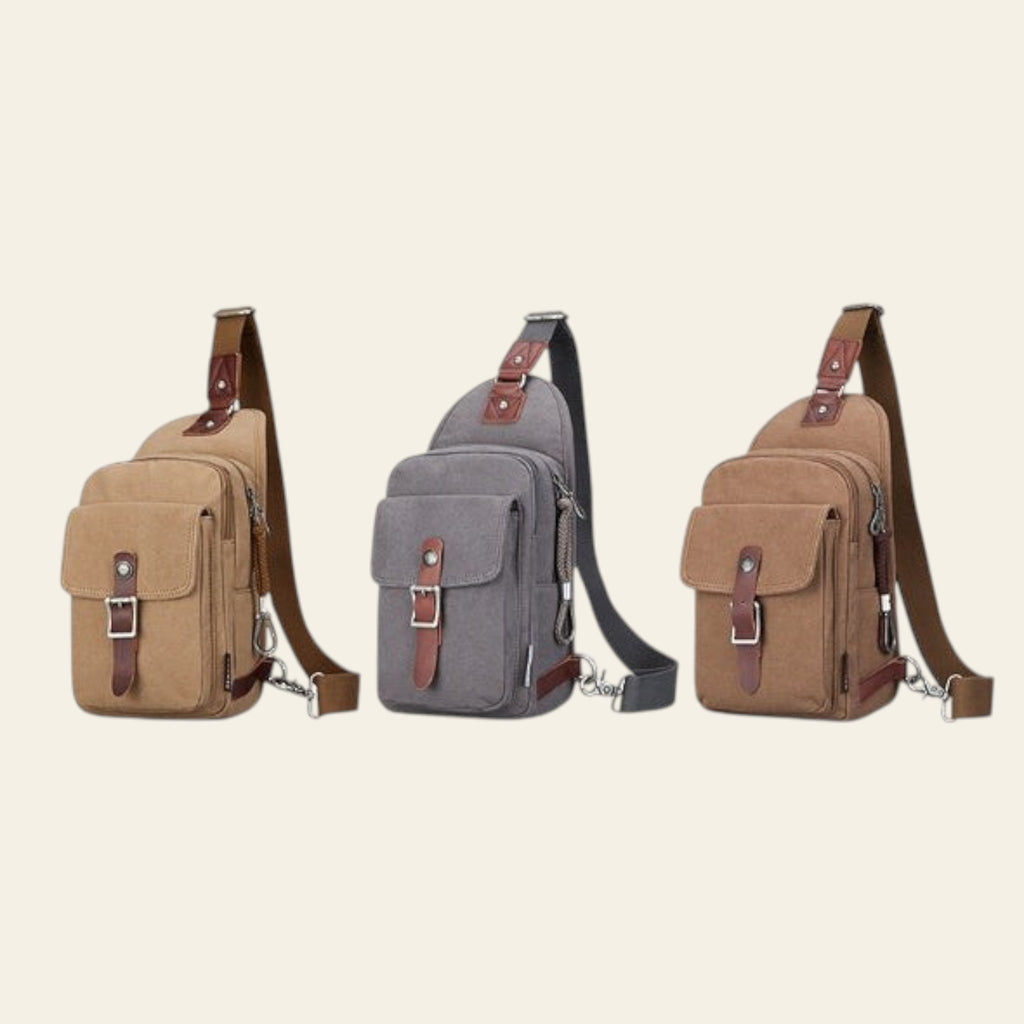 Three canvas sling bags in brown, gray, and beige with leather straps on a white background.