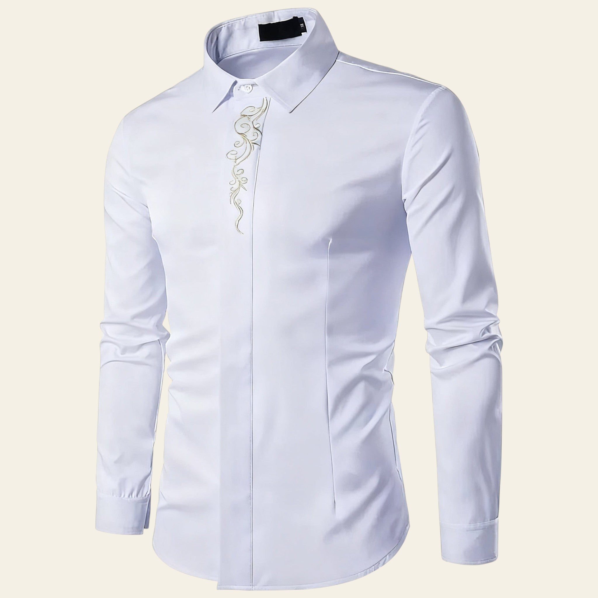 White dress shirt with floral embroidery on a white background