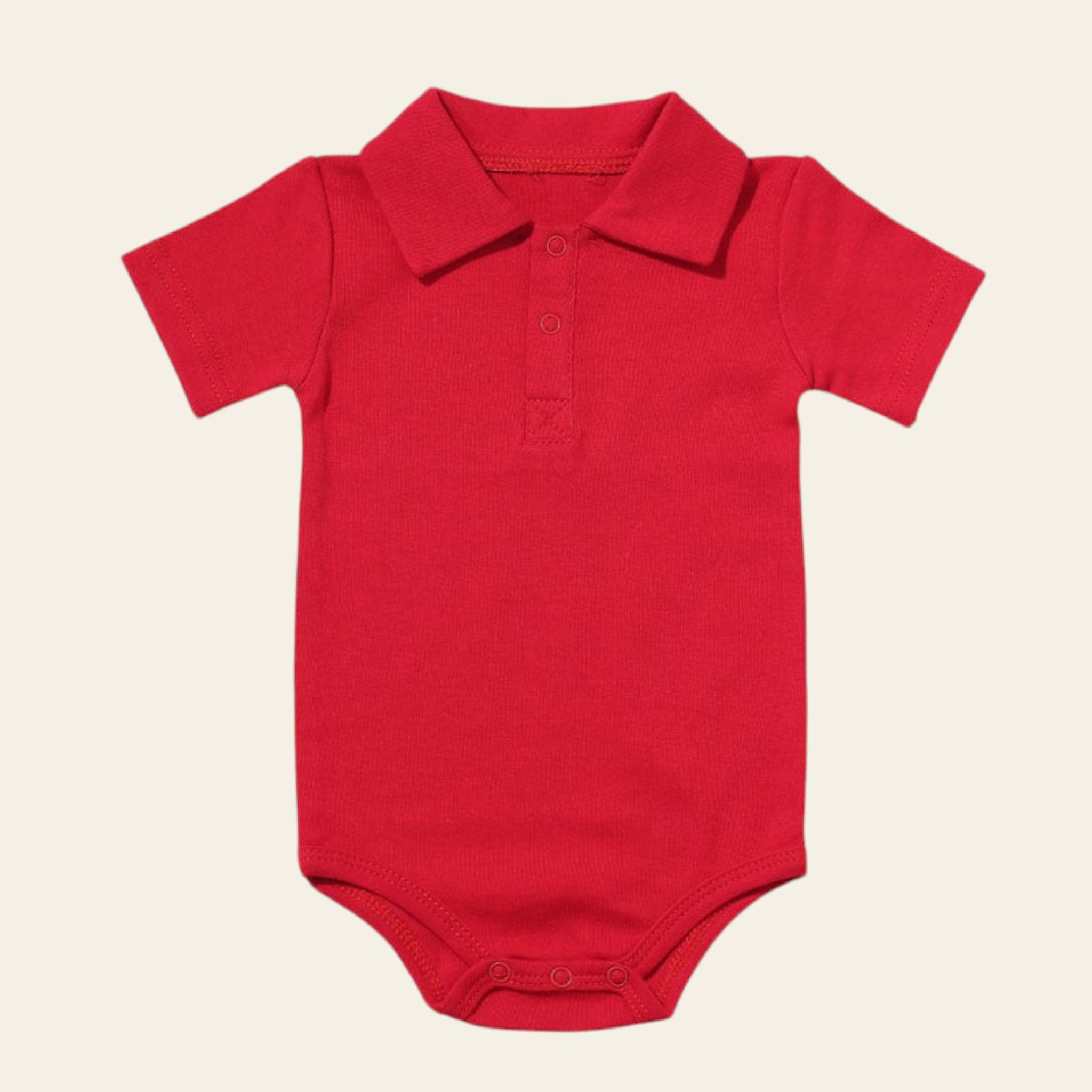 Red baby onesie with a collar on a white background