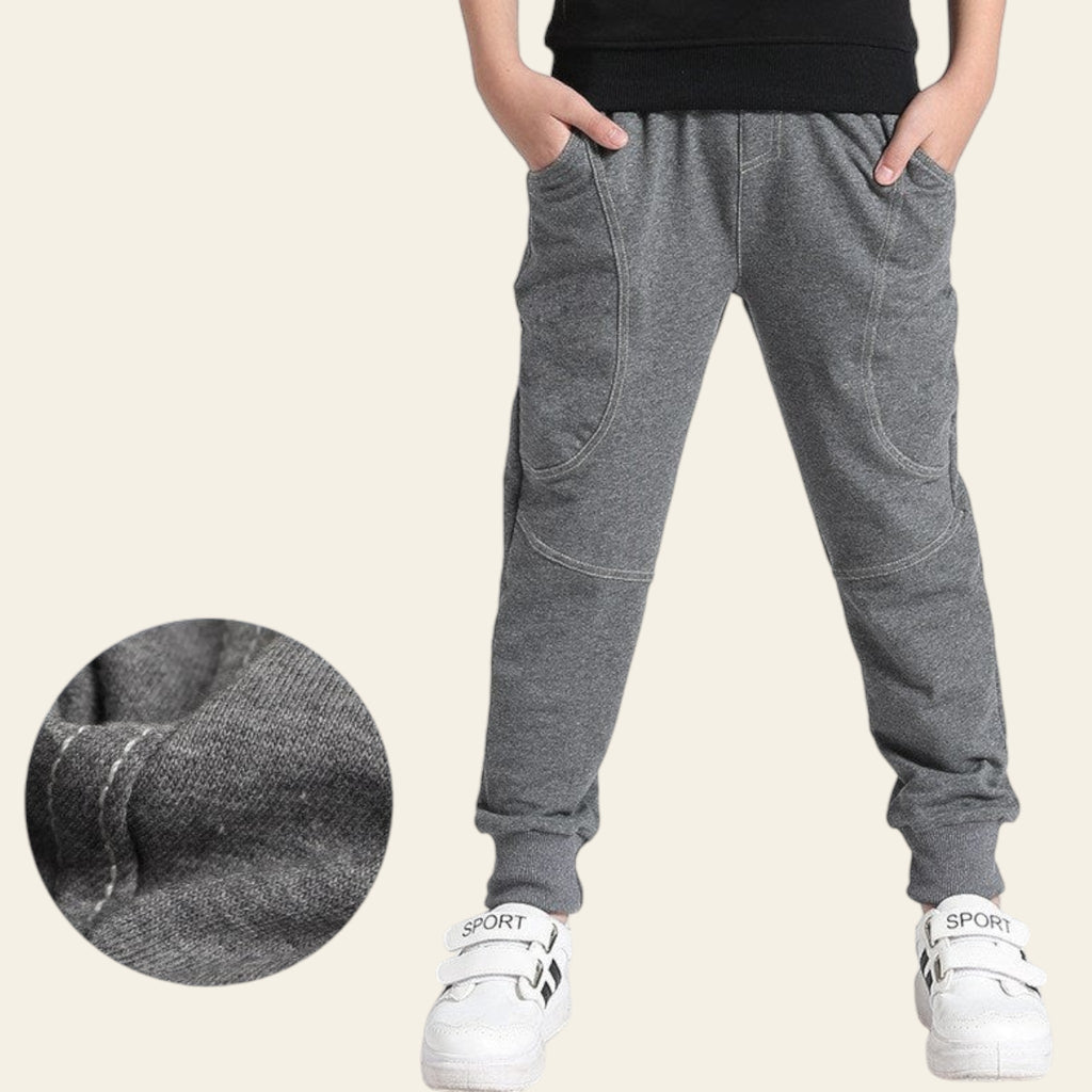 Gray jogger pants with a close-up of fabric texture on a white background