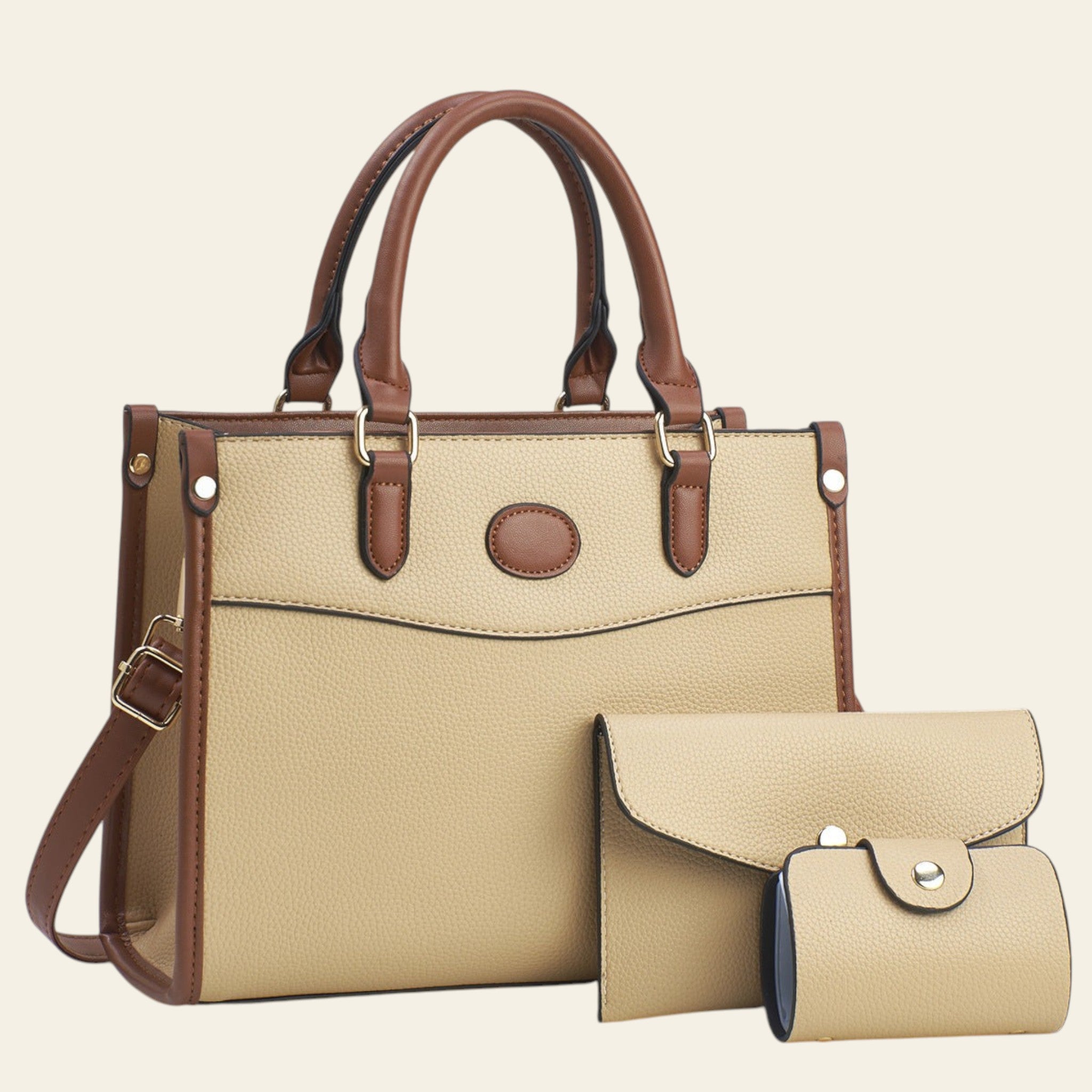 Beige handbag with brown accents and matching wallet on a light background
