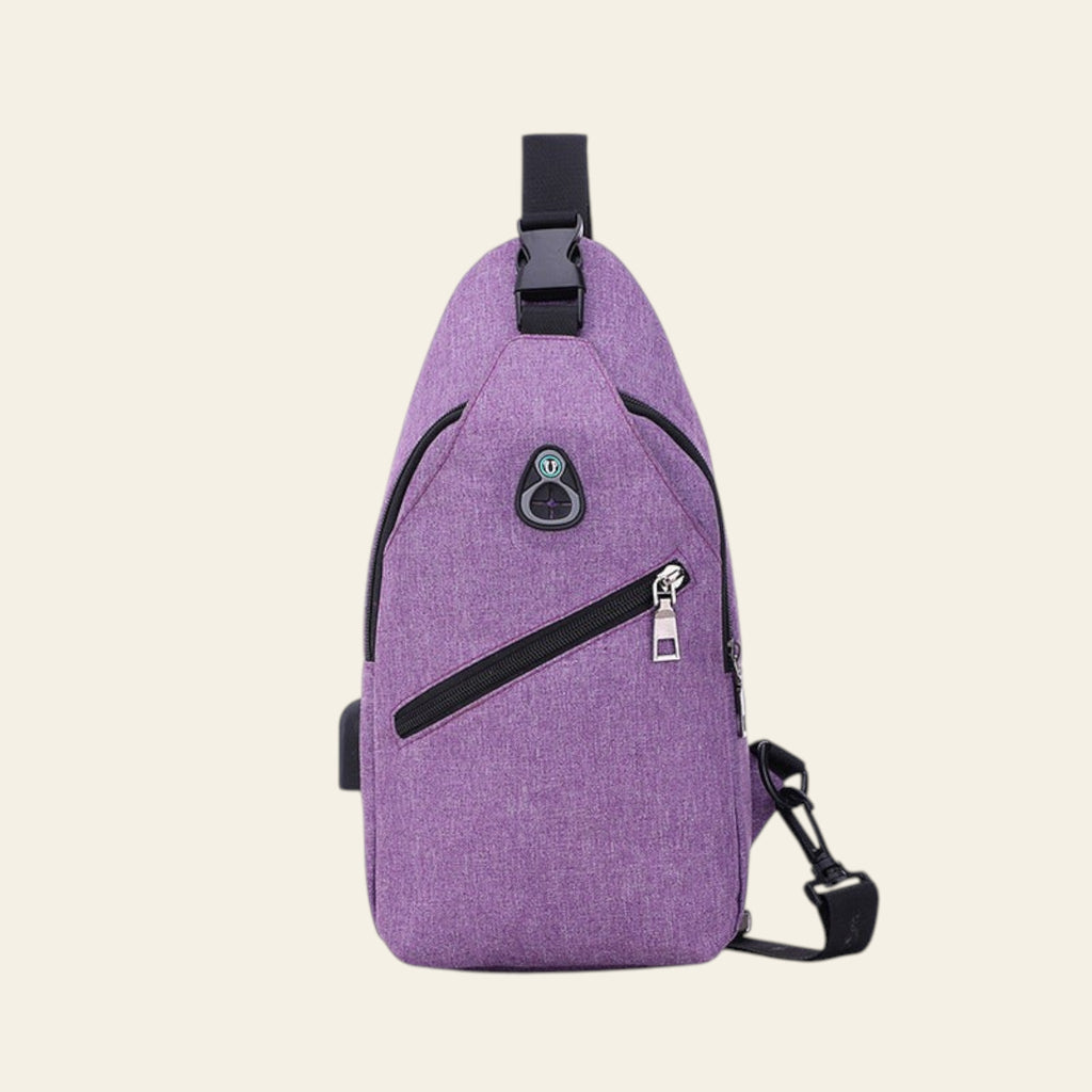 Purple sling bag with black accents on a white background