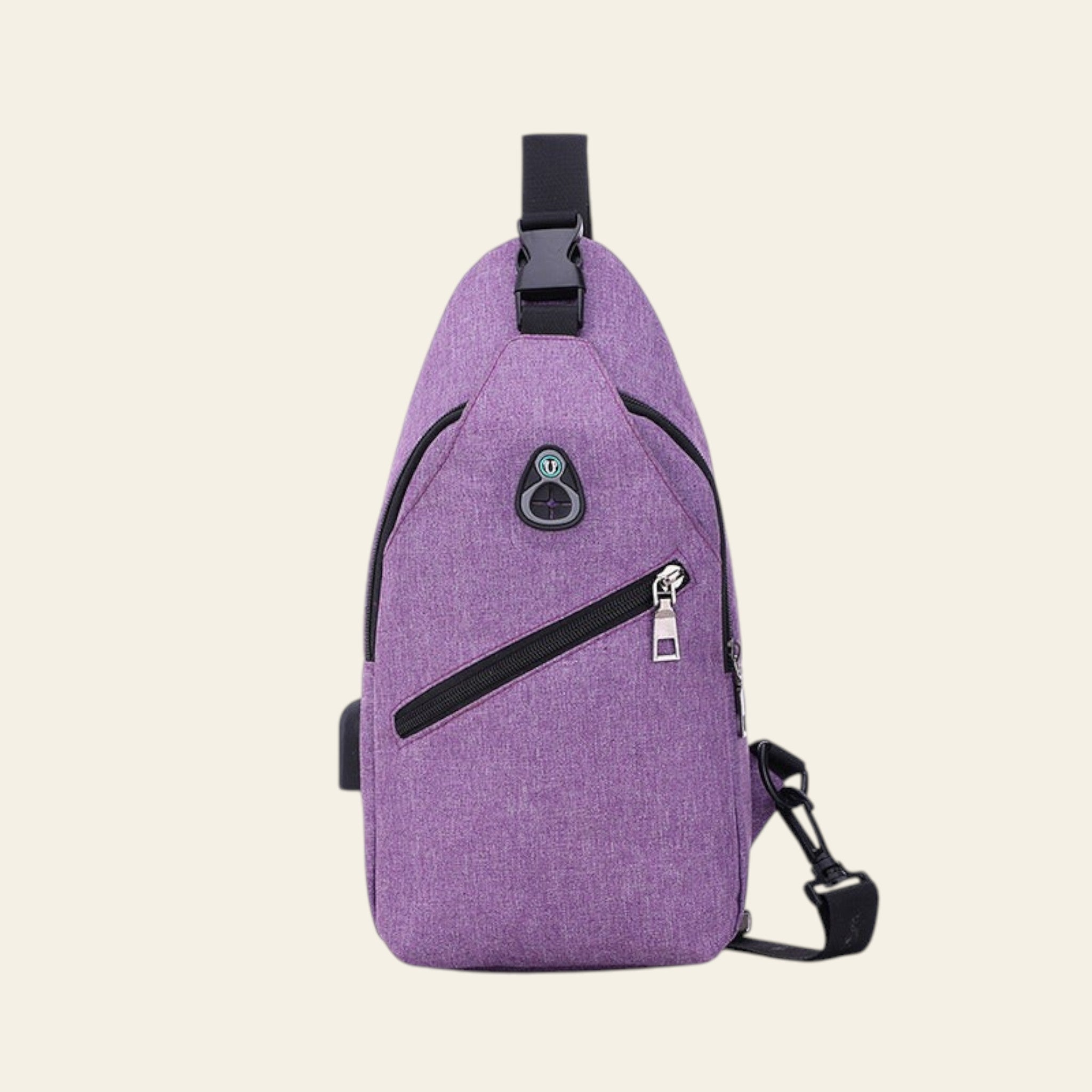 Purple sling bag with black accents on a white background