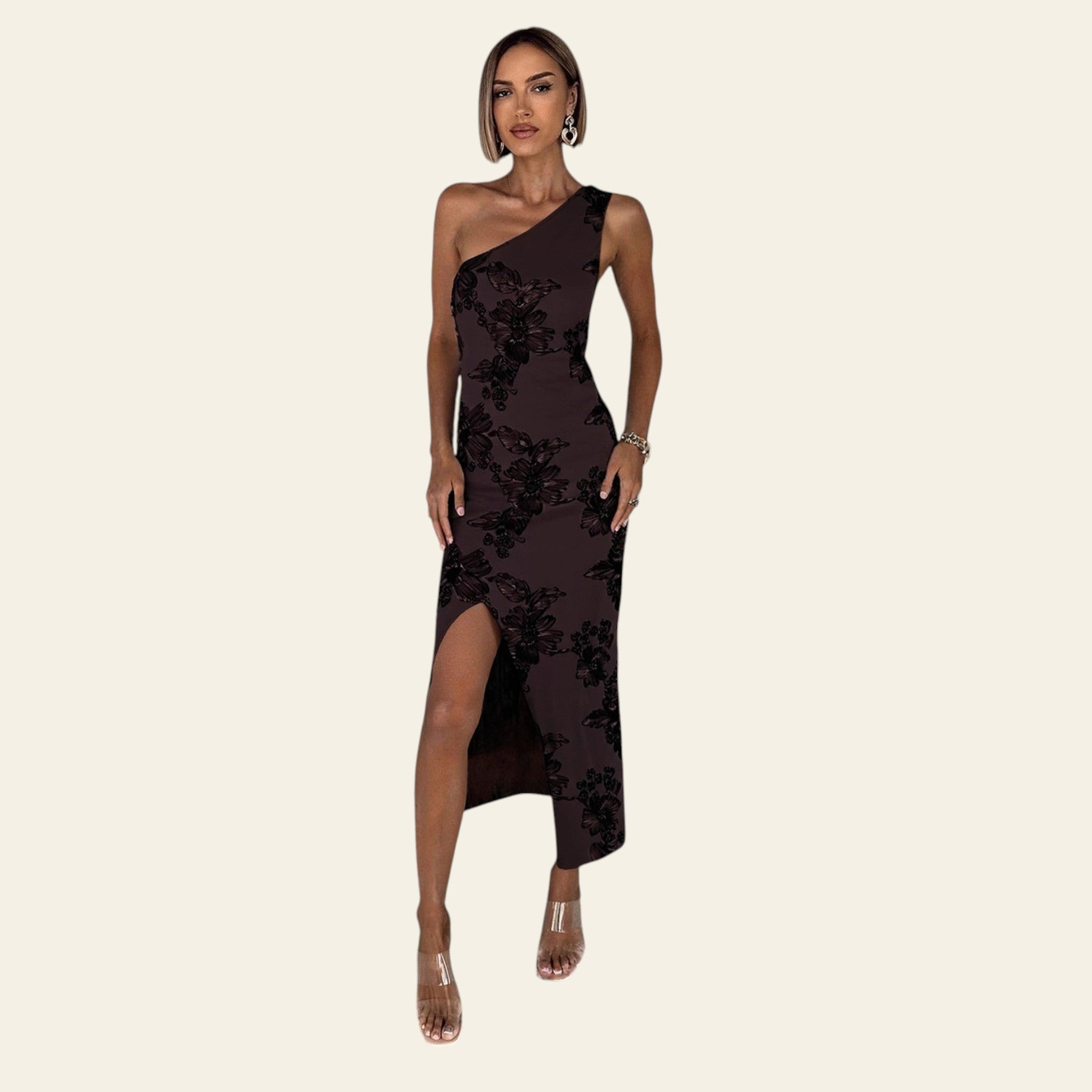 Elegant brown sleeveless one-shoulder lace evening dress