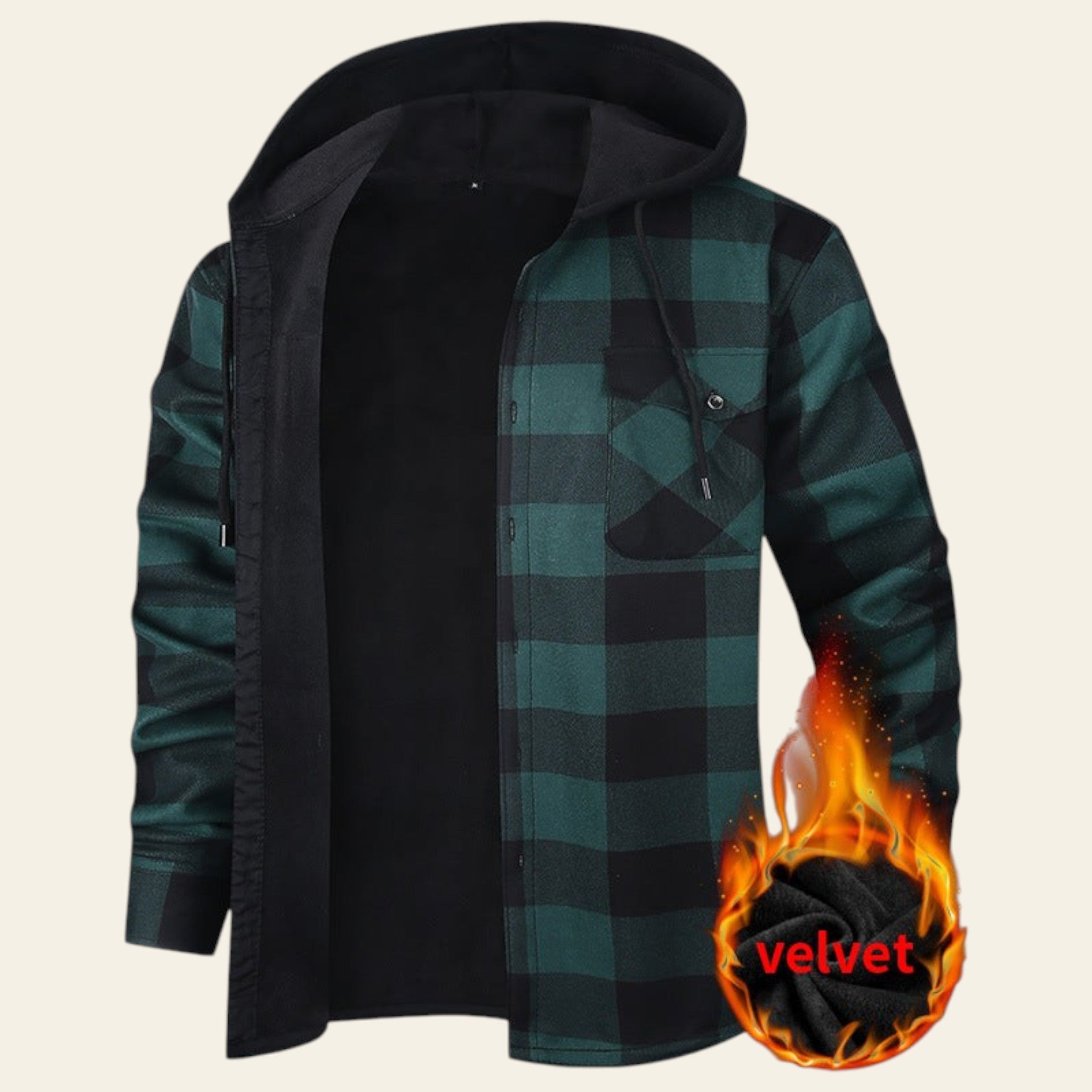 Green and black plaid hooded jacket with flame velvet graphic on sleeve