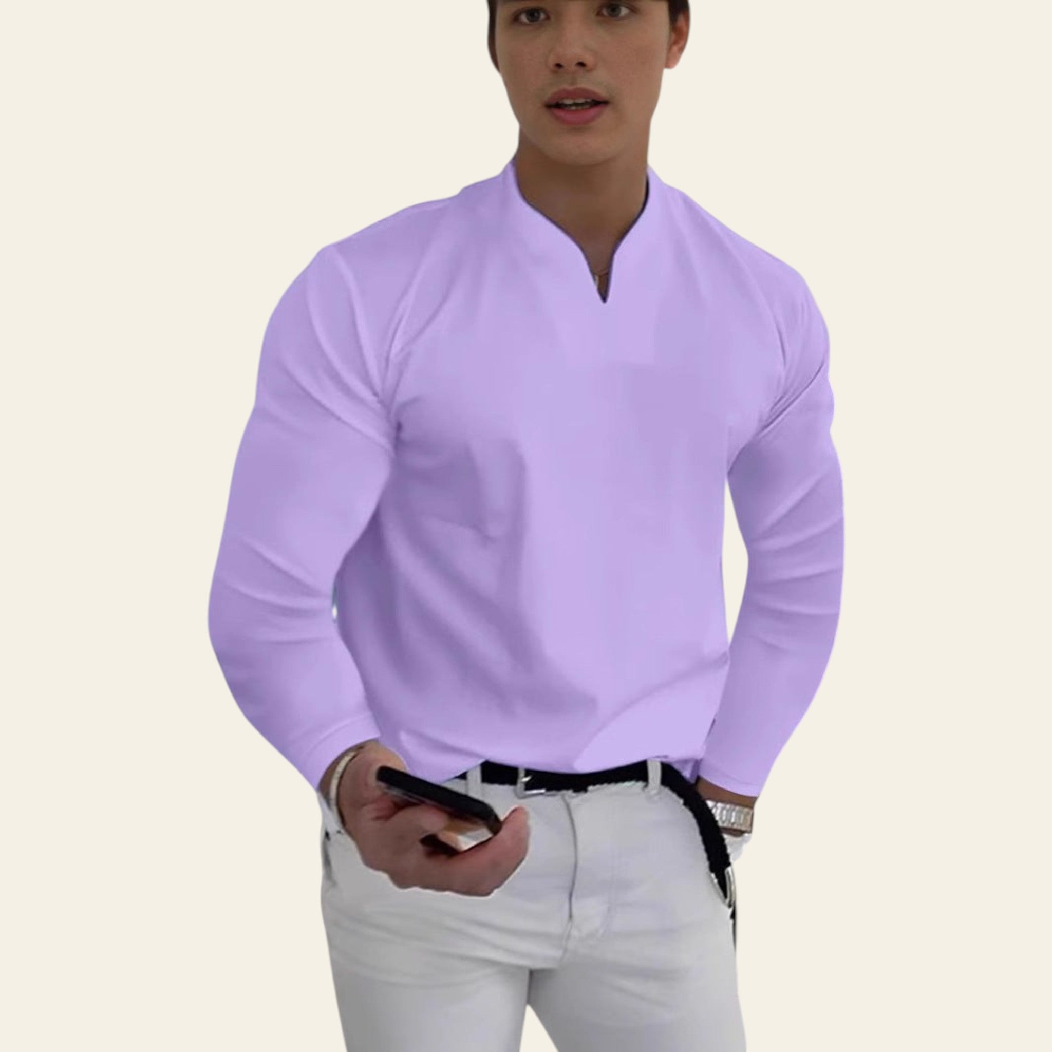Man wearing a purple V-neck long sleeve breathable T-shirt