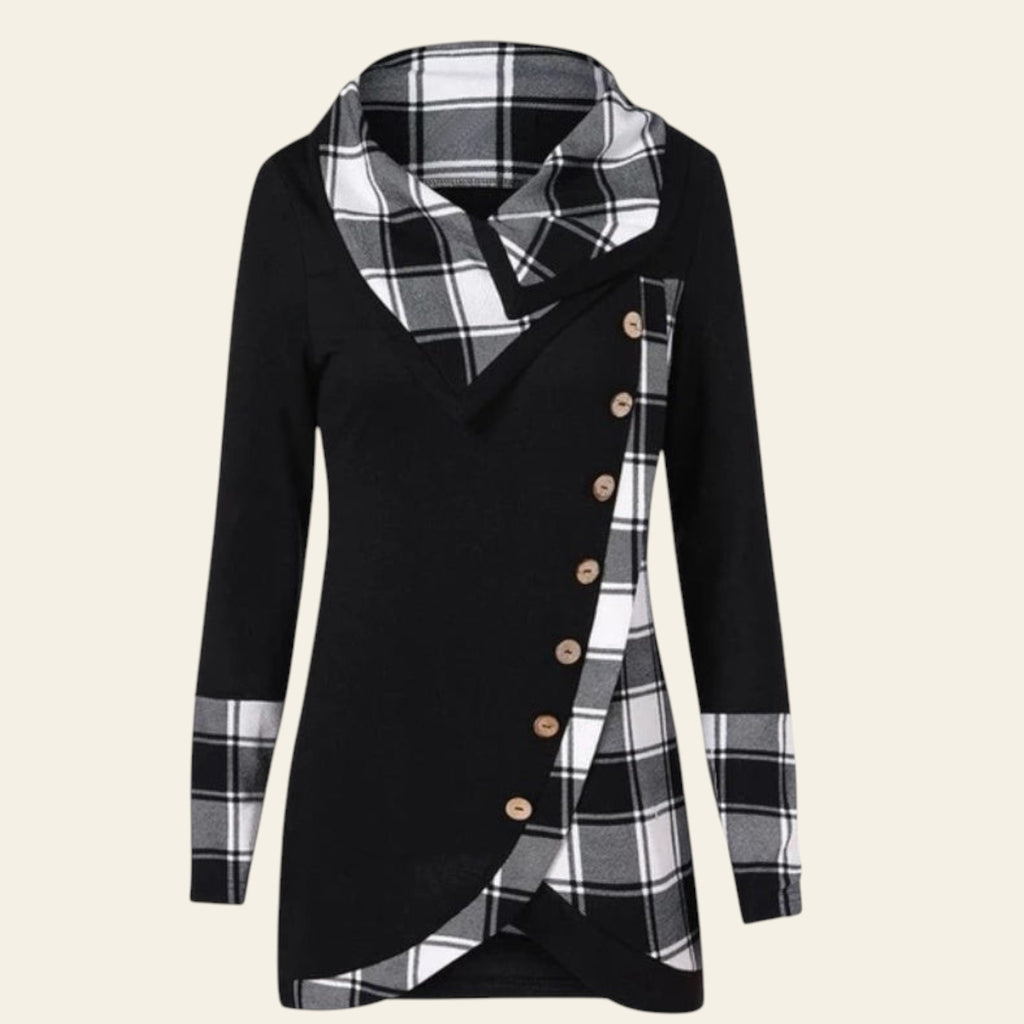 Black and white plaid shirt with buttons on a white background