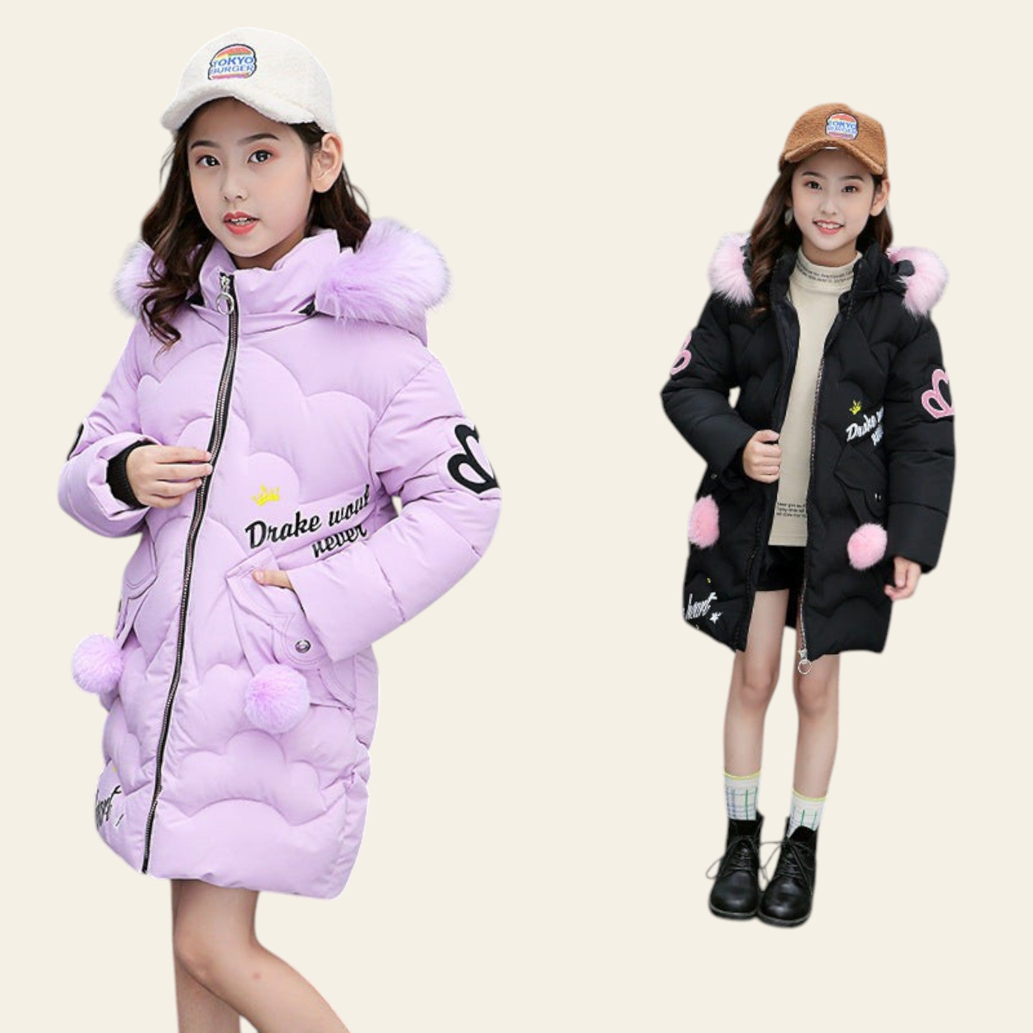 Two children wearing winter jackets with fur-lined hoods and pom-poms, one in purple and the other in black.