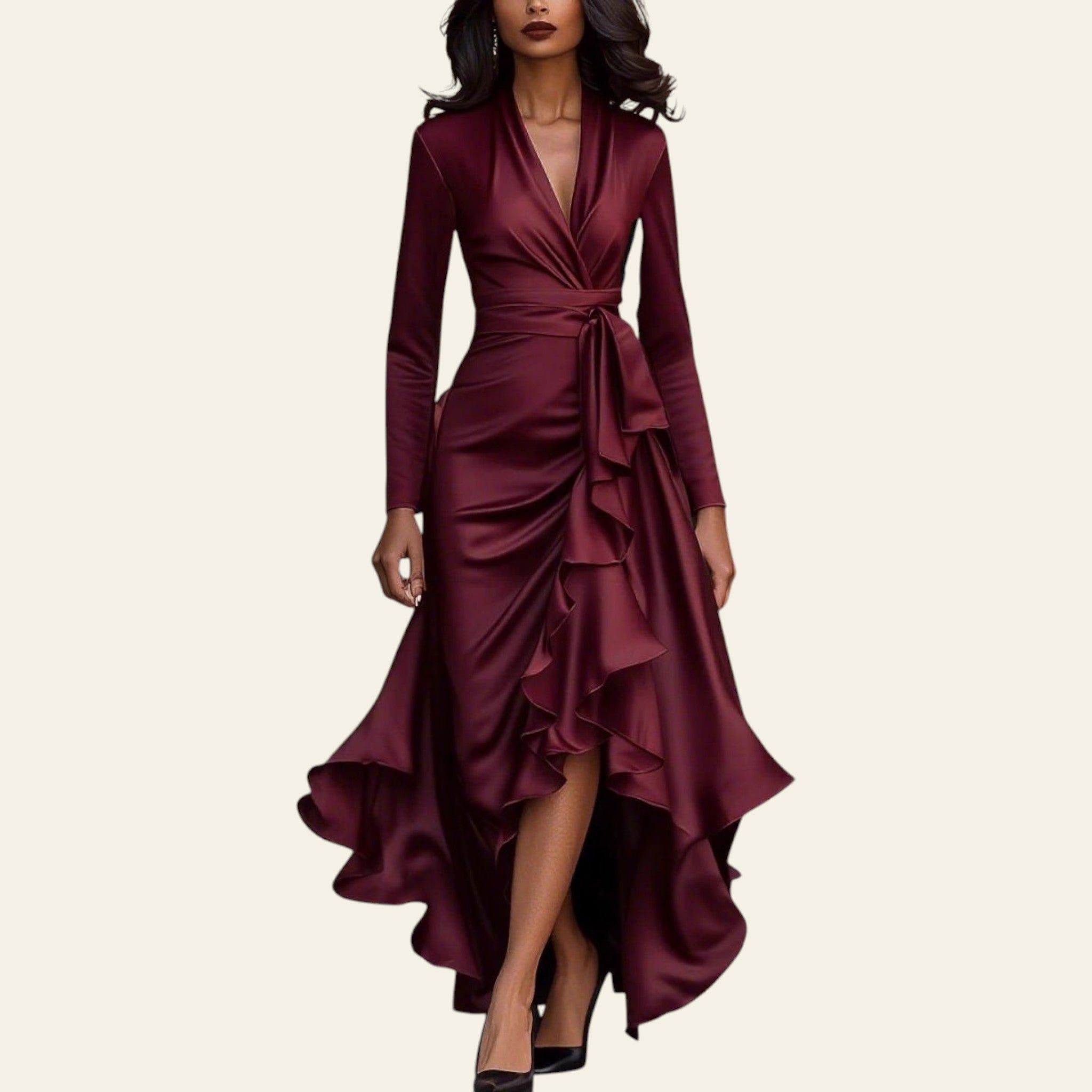 Woman wearing a wine red satin V-neck ruffled hem dress walking on a city street