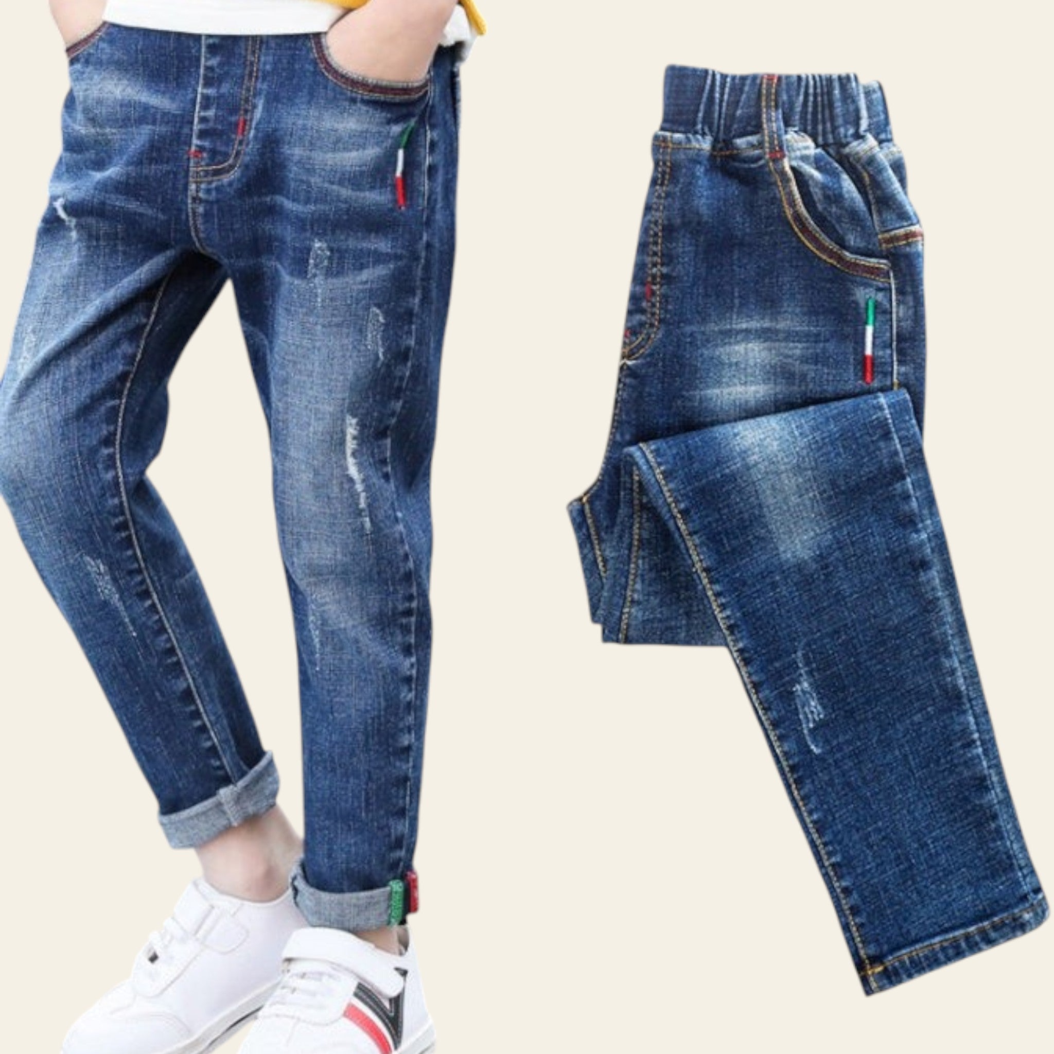 Blue jeans worn by a person and shown in a folded position on a white background.