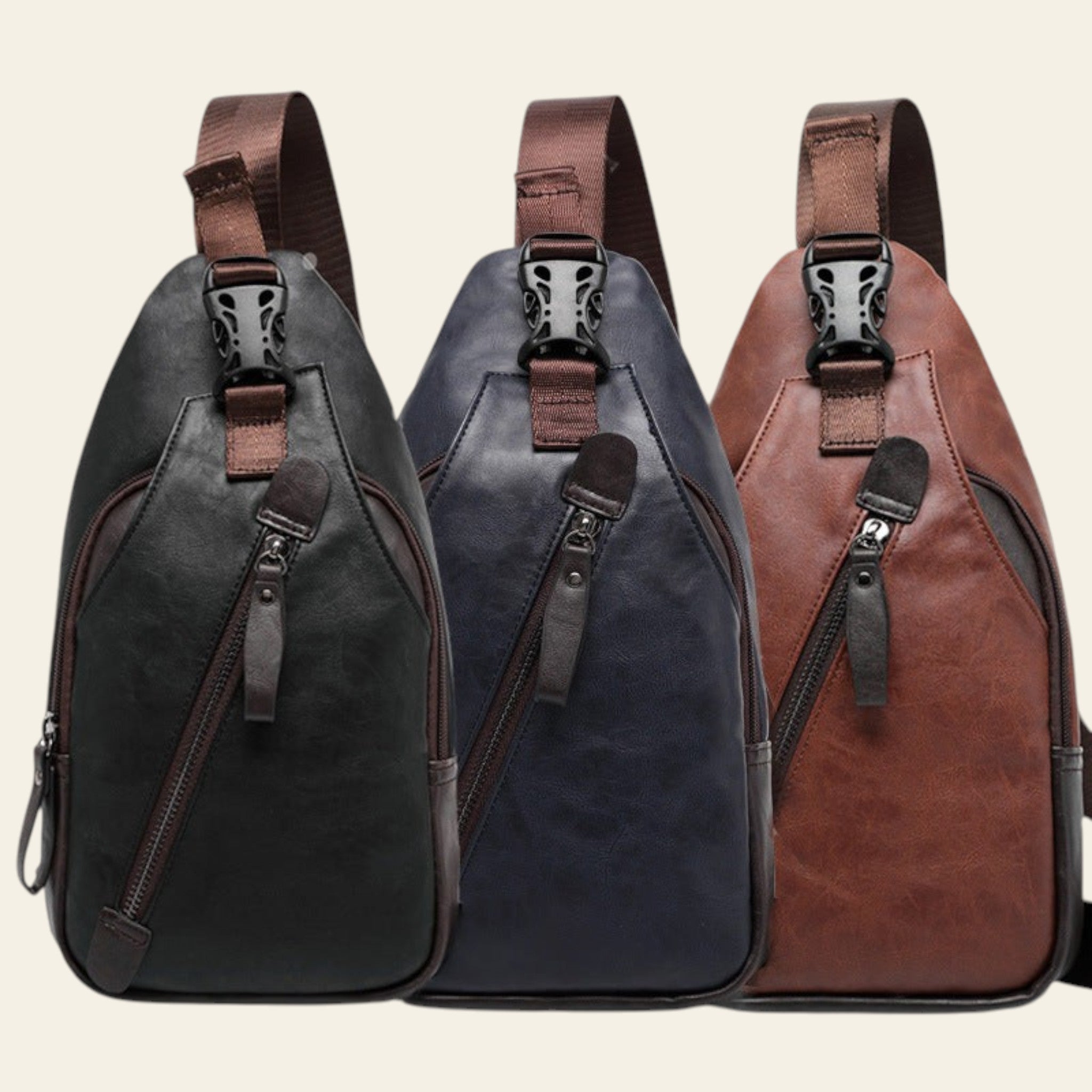 Three leather sling bags in black, blue, and brown on a white background